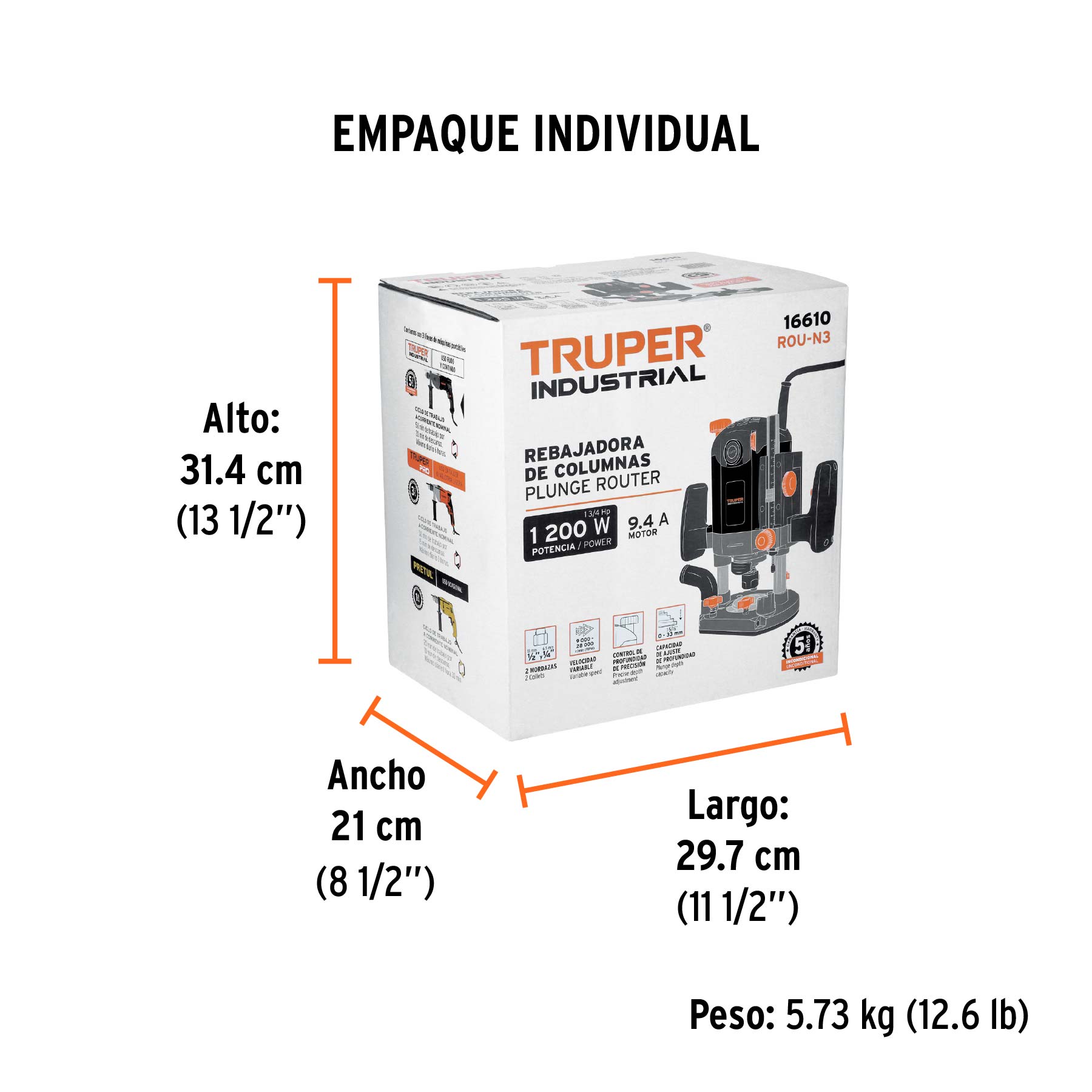 Router (Rebajadora) 1200W, 1-3/4 HP, TRUPER INDUSTRIAL - Empaque