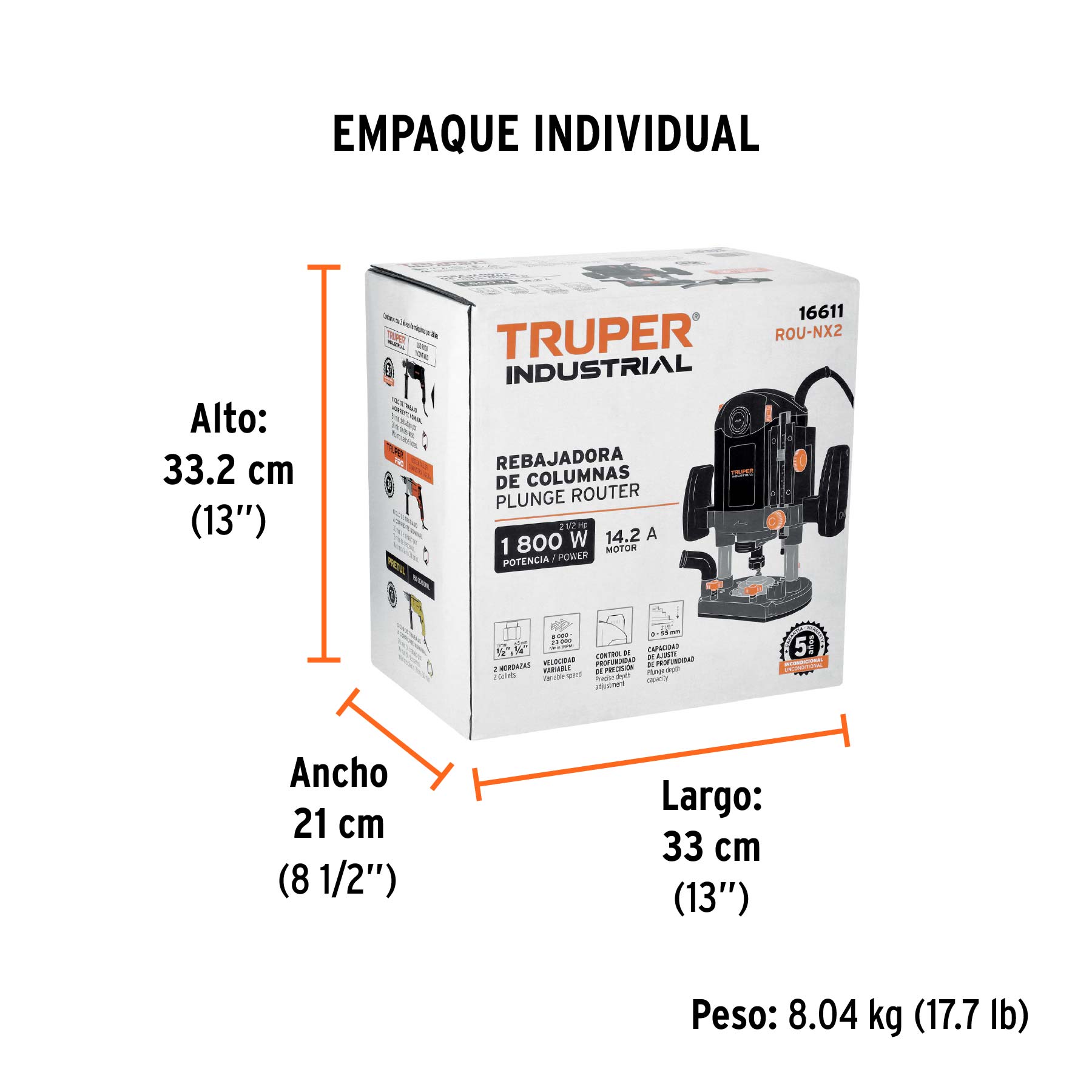 Router (Rebajadora) 1800W, 2-1/2 HP, TRUPER INDUSTRIAL - Empaque