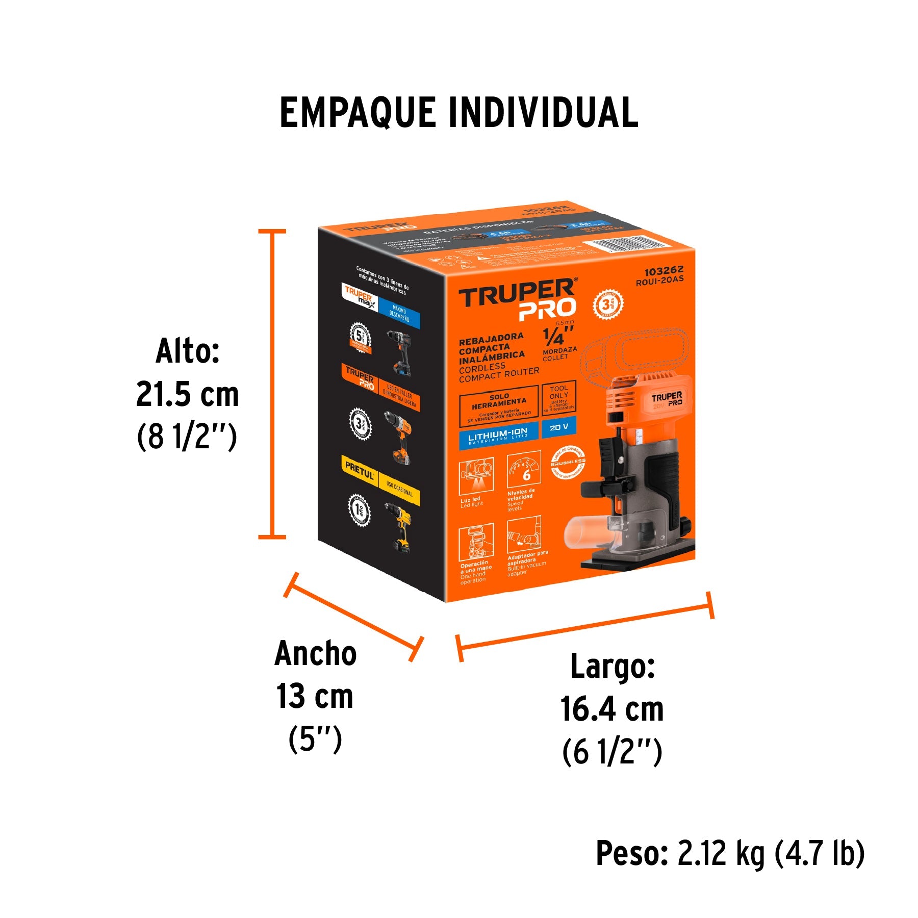 Router (Rebajadora) 1/4", sin accesorios, TRUPER PRO - Empaque