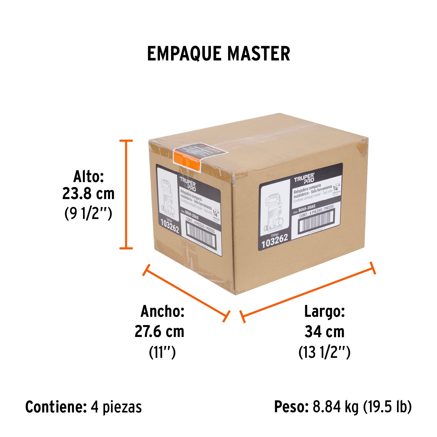 Router (Rebajadora) 1/4", sin accesorios, TRUPER PRO - Empaque