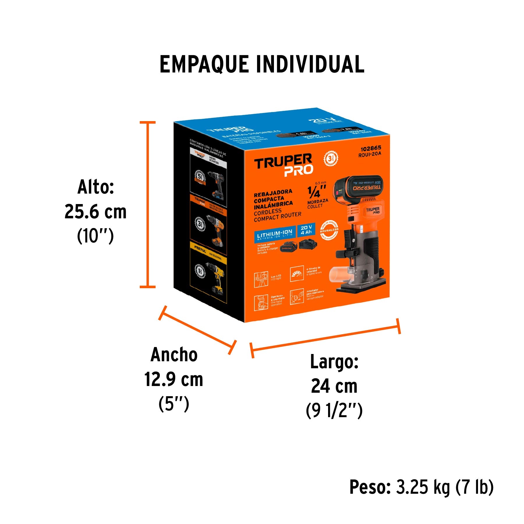 Router (Rebajadora) 1/4", 1 batería 4 Ah, TRUPER PRO - Empaque