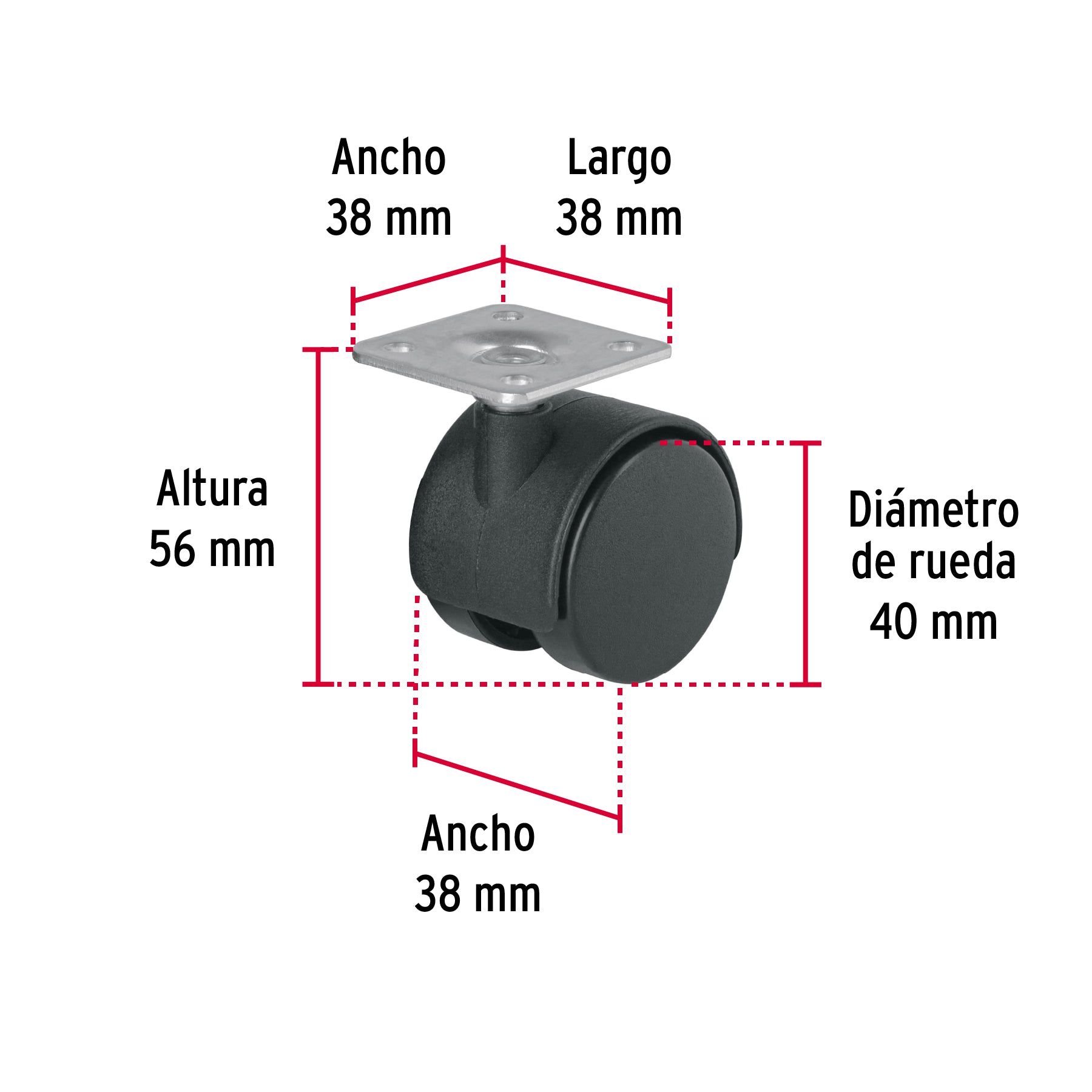 Rodaja tipo yoyo de 40 mm con placa, sin freno, FIERO