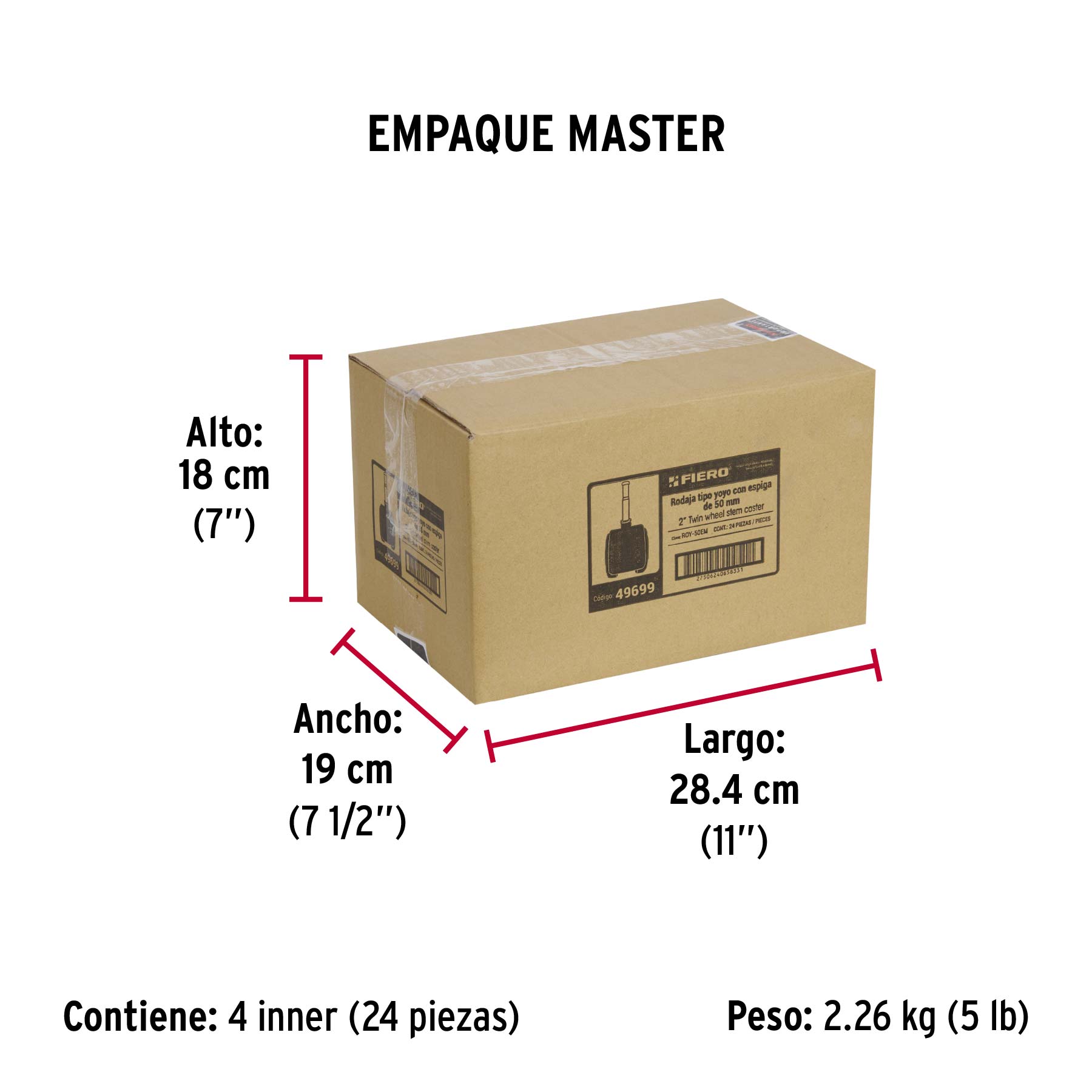 Rodaja tipo yoyo de 50 mm con espiga para madera, FIERO - Empaque