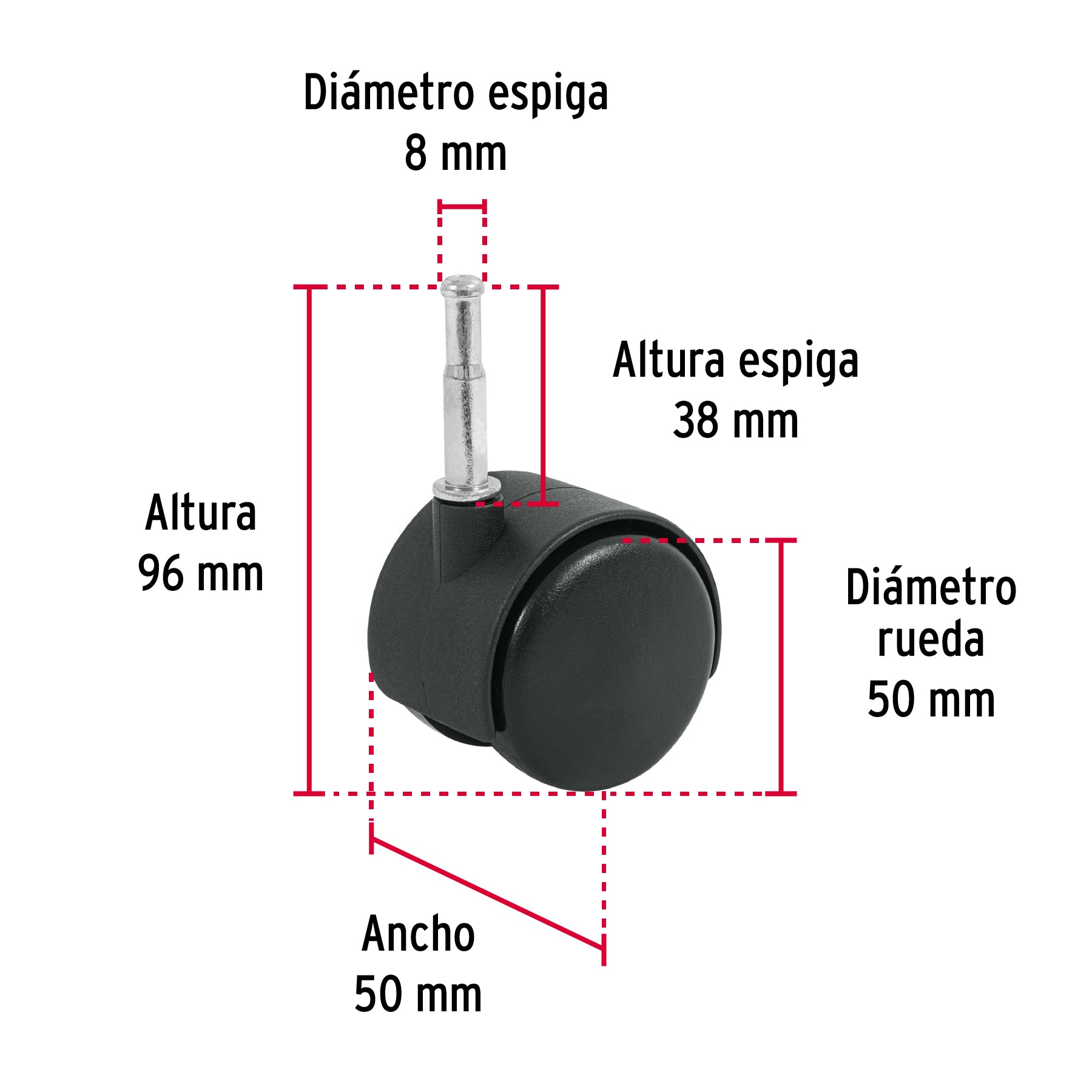 Rodaja tipo yoyo de 50 mm con espiga para madera, FIERO