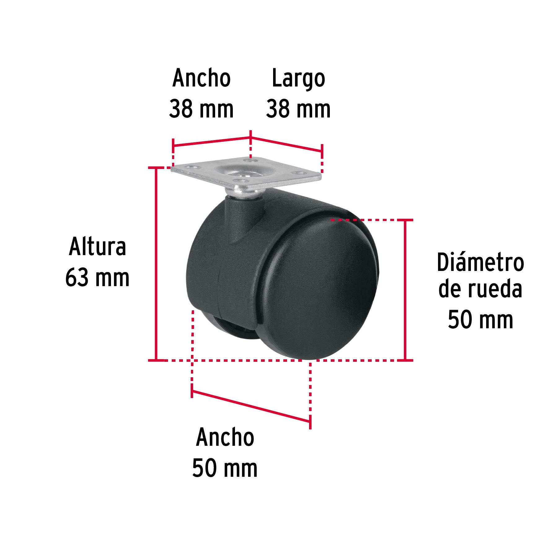 Rodaja tipo yoyo de 50 mm con placa, sin freno, FIERO