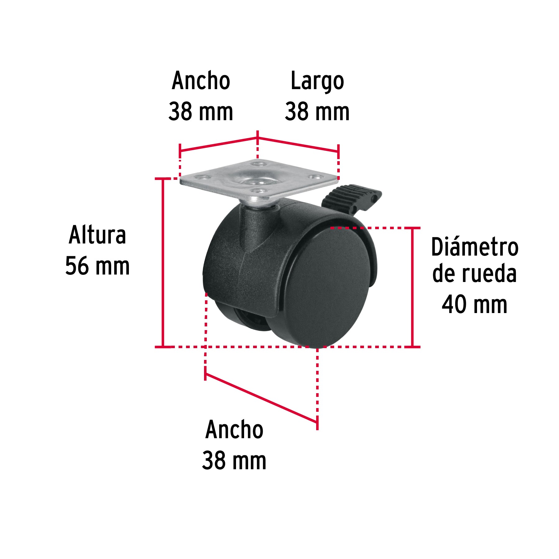 Rodaja tipo yoyo de 40 mm con placa, con freno, FIERO