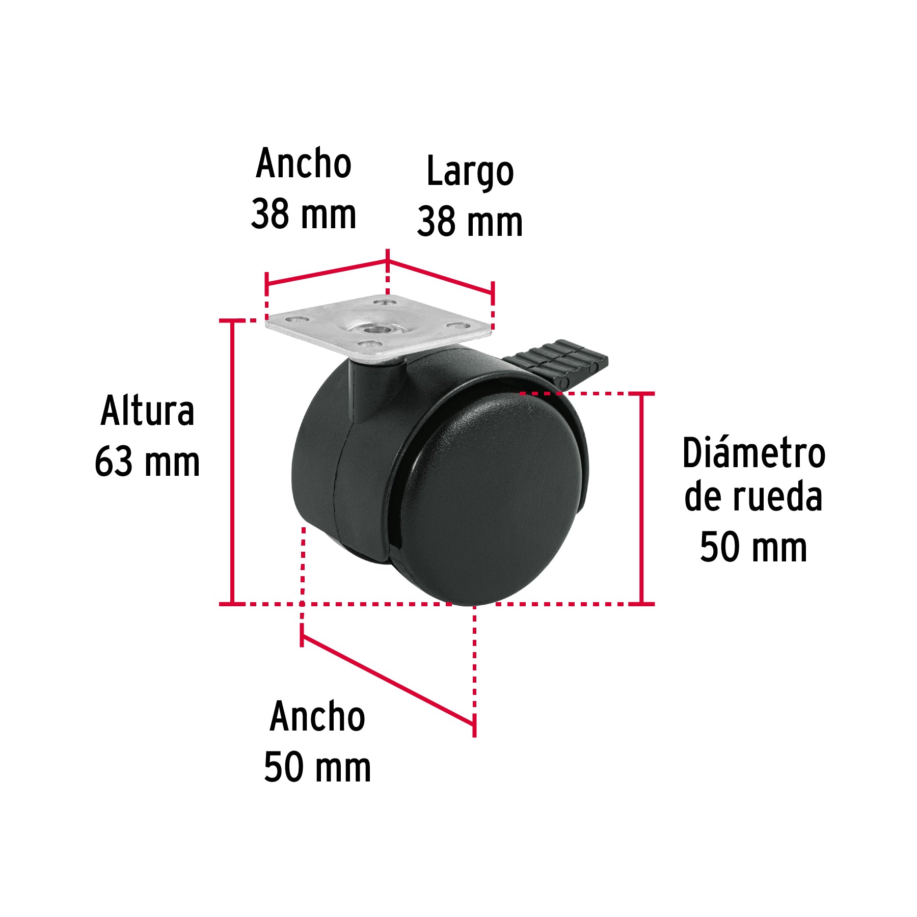 Rodaja tipo yoyo de 50 mm con placa, con freno, FIERO
