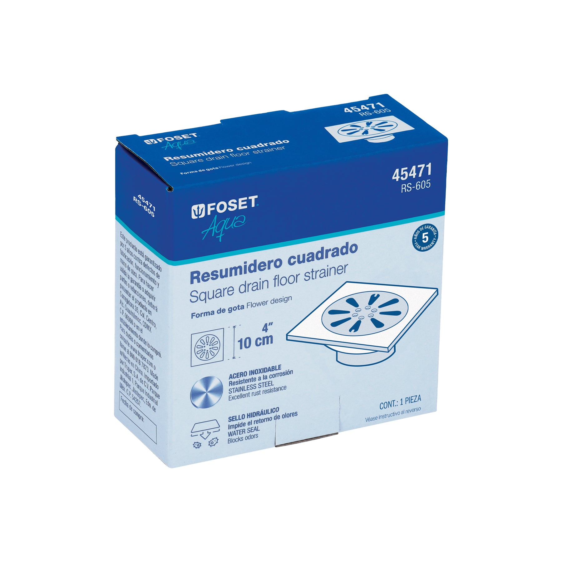 Resumidero cuadrado 4" x 4", acero inoxidable, gota, AQUA
