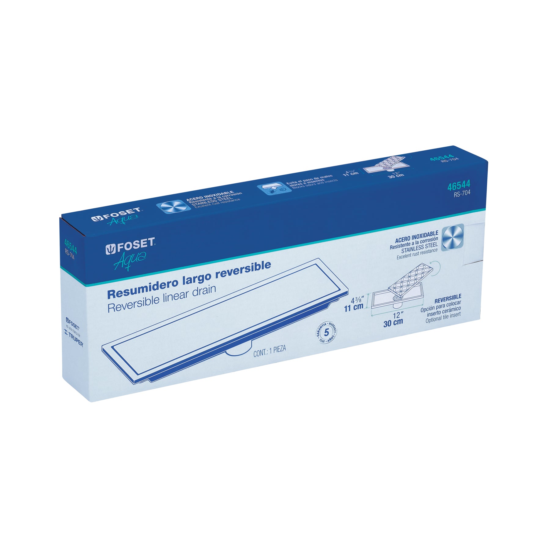 Resumidero rectangular 30x11cm reversible, inox, FOSET AQUA