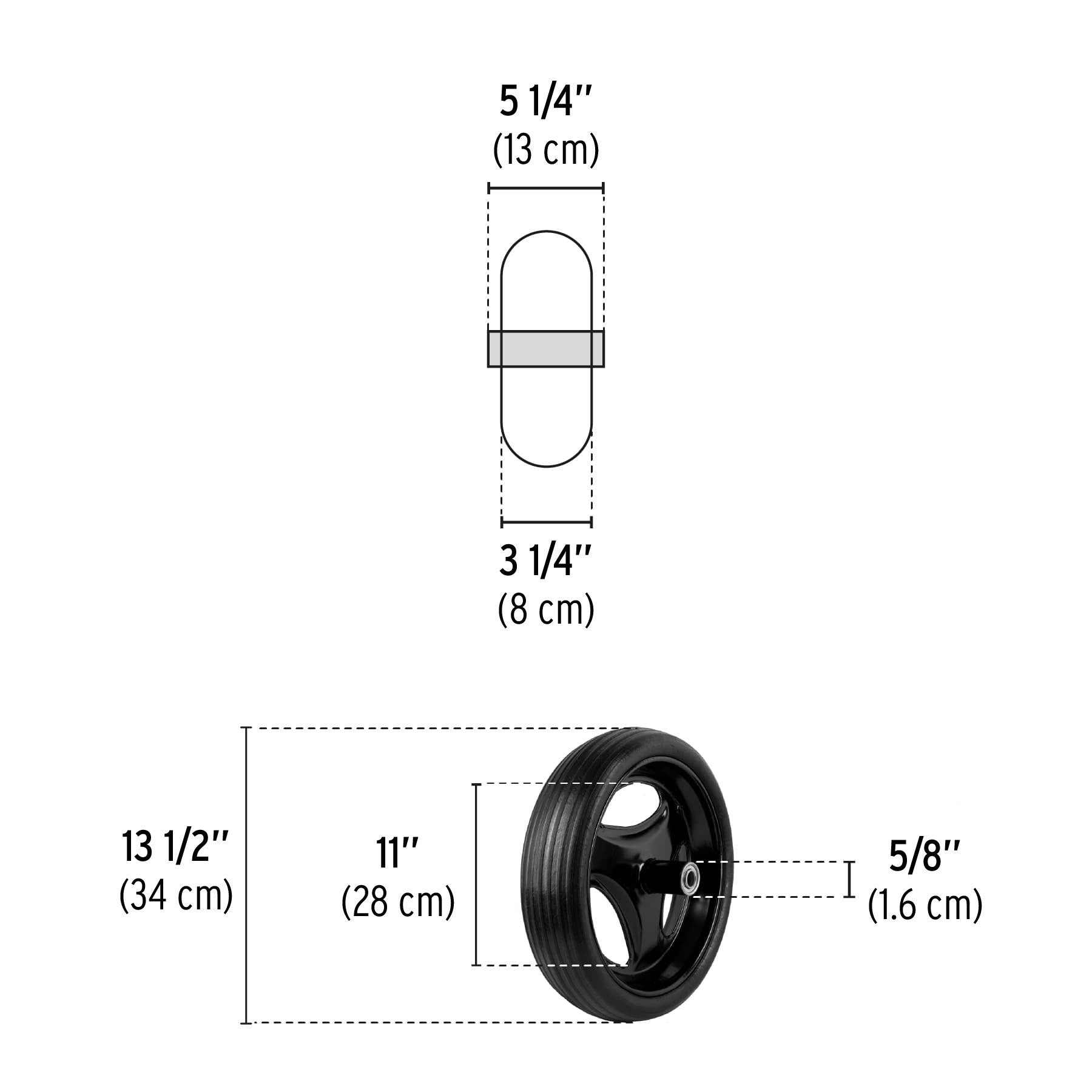 Llanta completa hule sólido 13-1/2", incluye eje y baleros