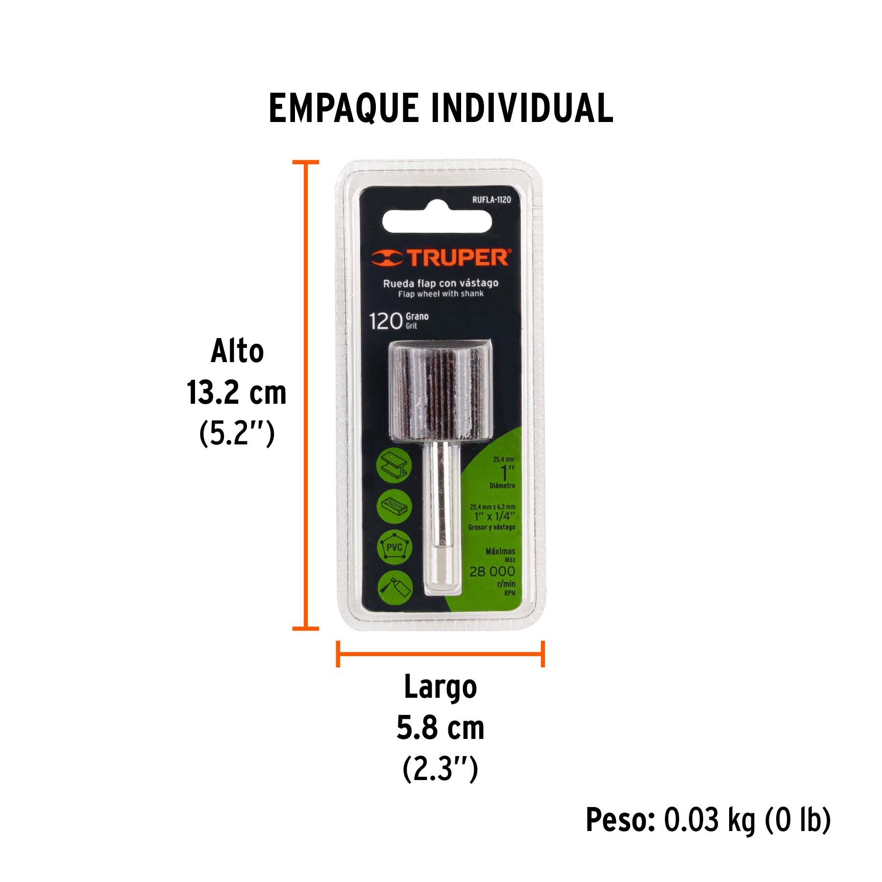 Rueda flap de 1", grano 120, TRUPER - Empaque