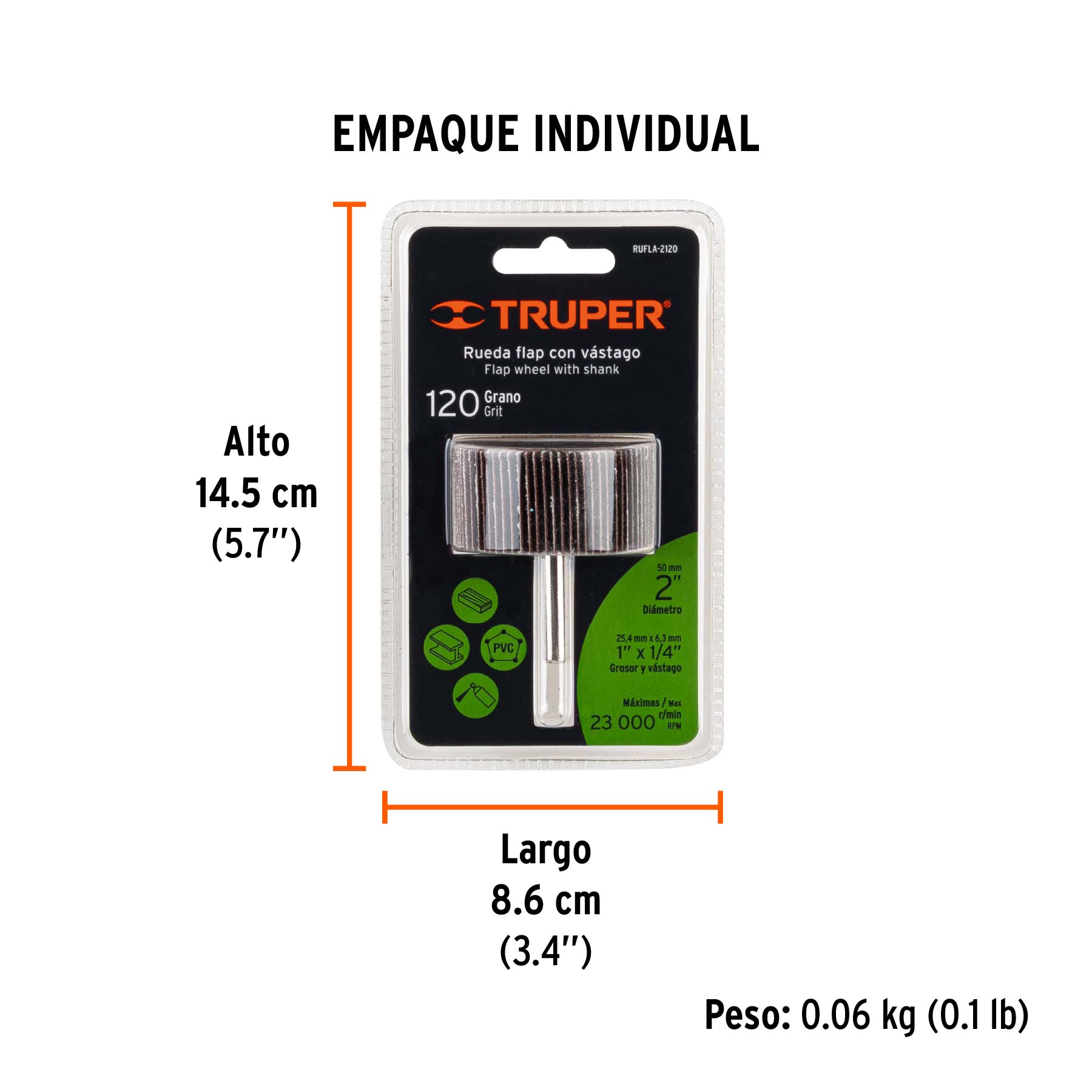 Rueda flap de 2", grano 120, TRUPER - Empaque