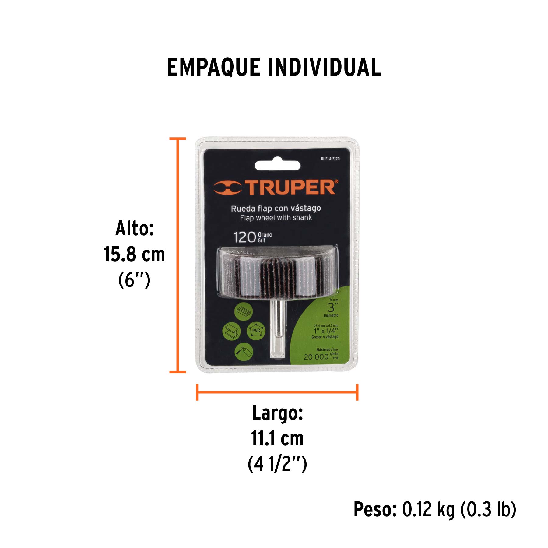 Rueda flap de 3", grano 120, TRUPER - Empaque
