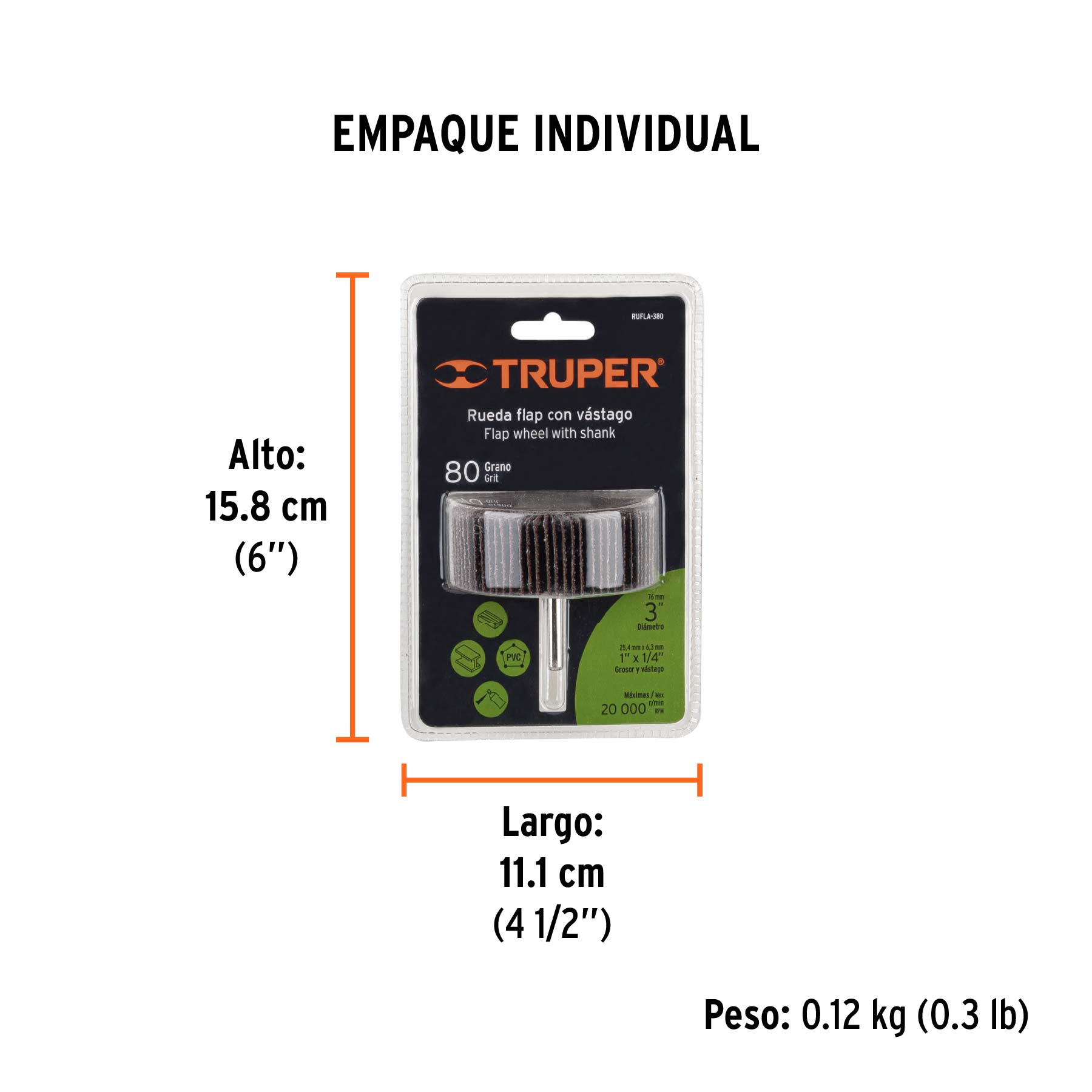 Rueda flap de 3", grano 80, TRUPER - Empaque