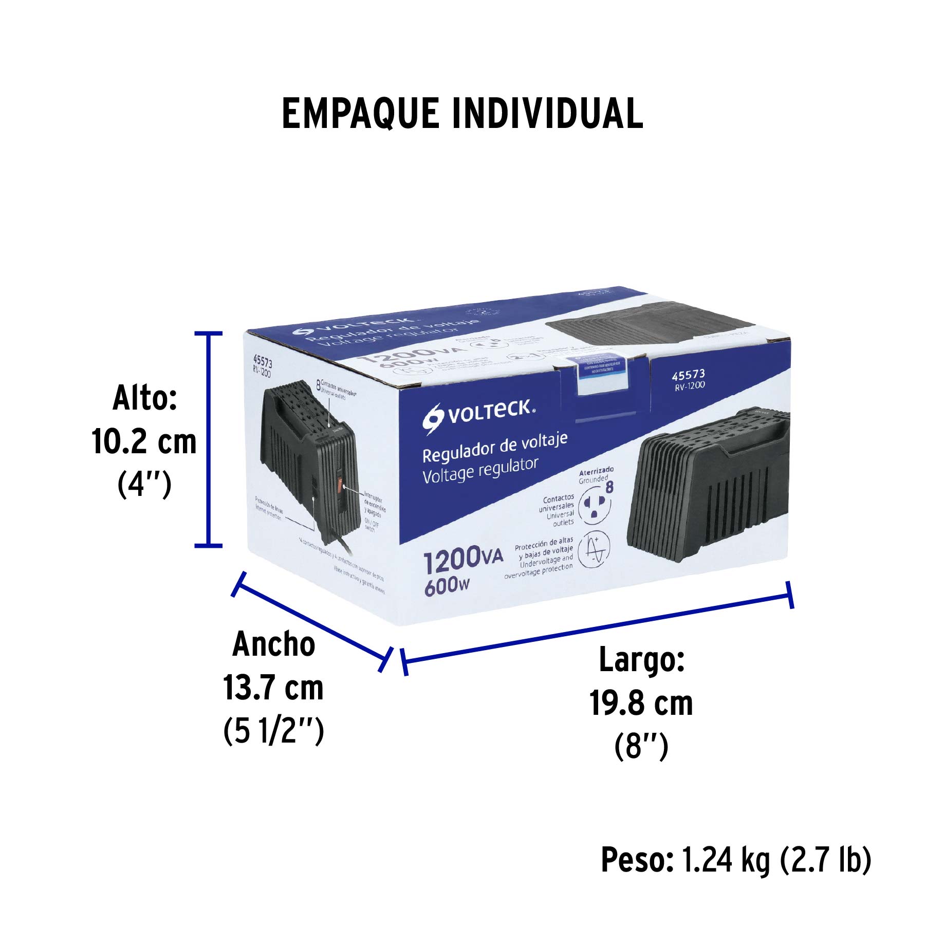 Regulador de voltaje de 1200 VA / 600 W 8 contactos, VOLTECK - Empaque