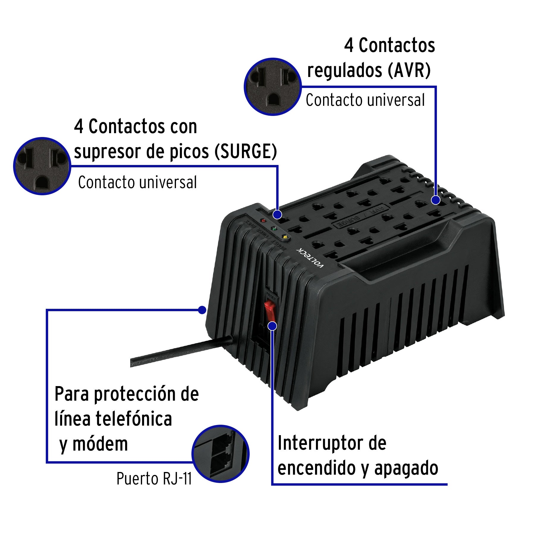 Regulador de voltaje de 1200 VA / 600 W 8 contactos, VOLTECK