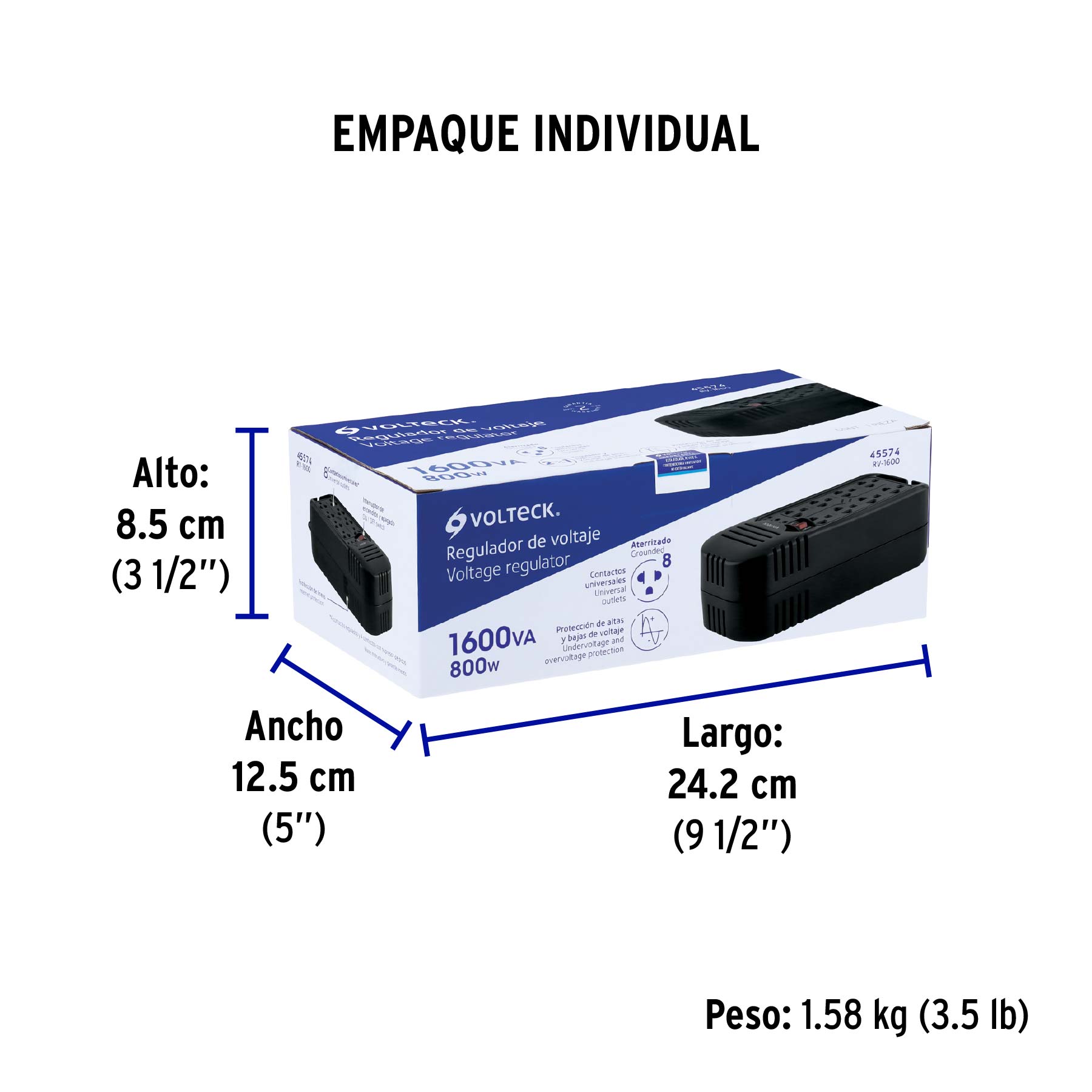 Regulador de voltaje de 1600 VA / 800 W 8 contactos, VOLTECK - Empaque