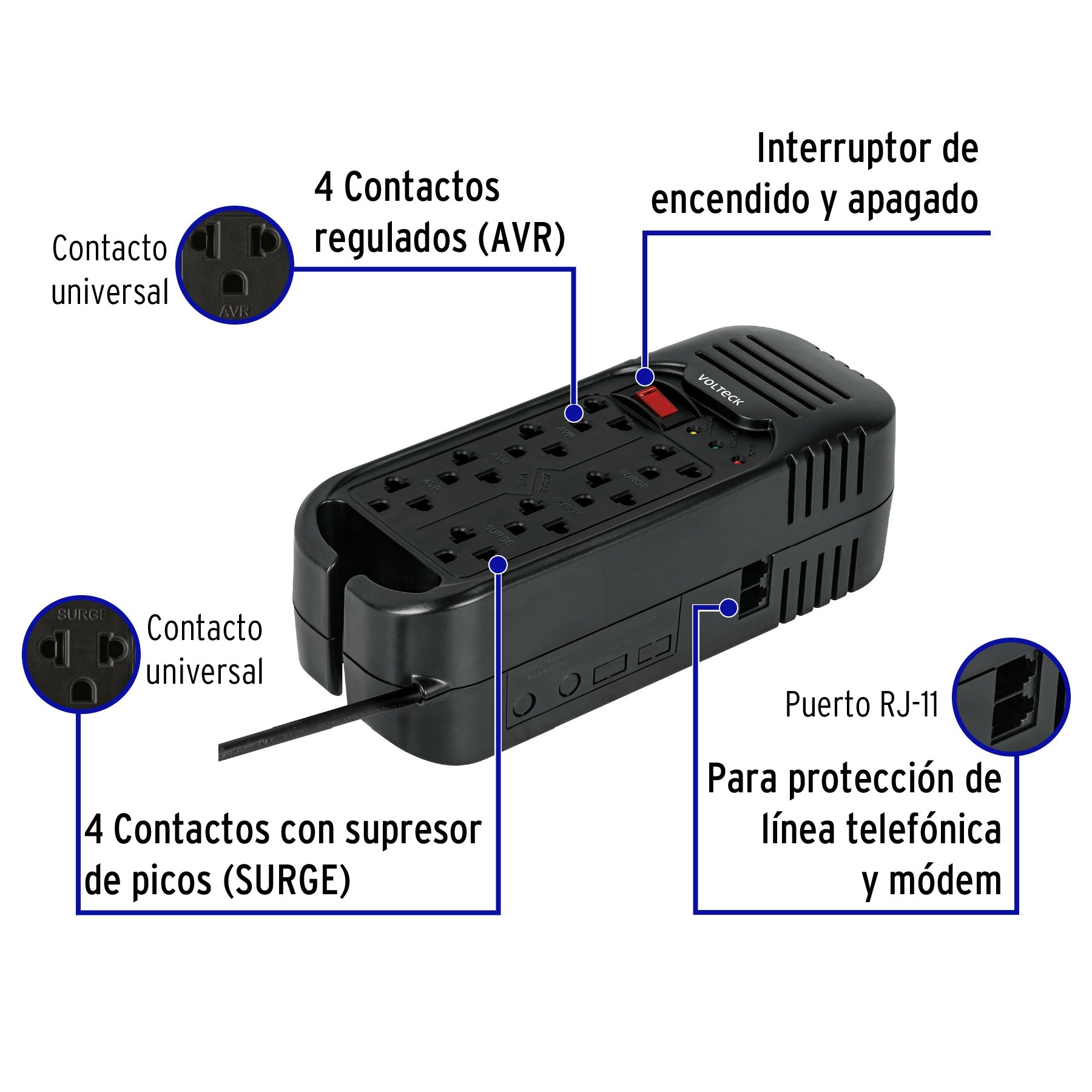 Regulador de voltaje de 1600 VA / 800 W 8 contactos, VOLTECK