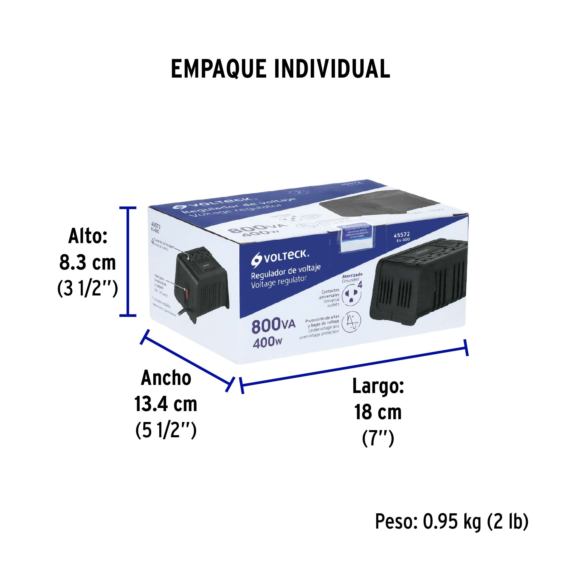 Regulador de voltaje de 800 VA / 400 W 4 contactos, VOLTECK - Empaque