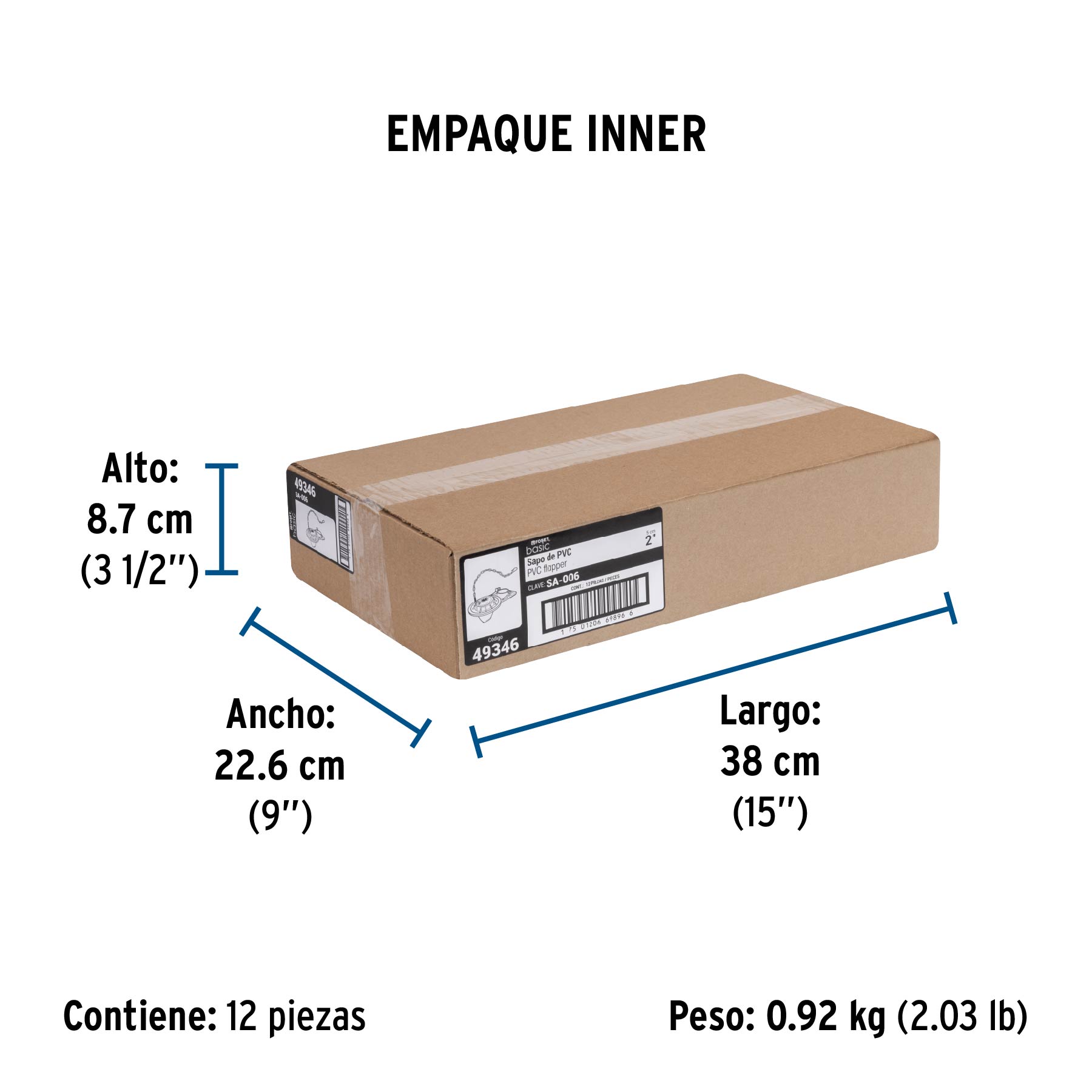 Sapo 2" para WC, PVC azul, cadena plástica, FOSET BASIC - Empaque