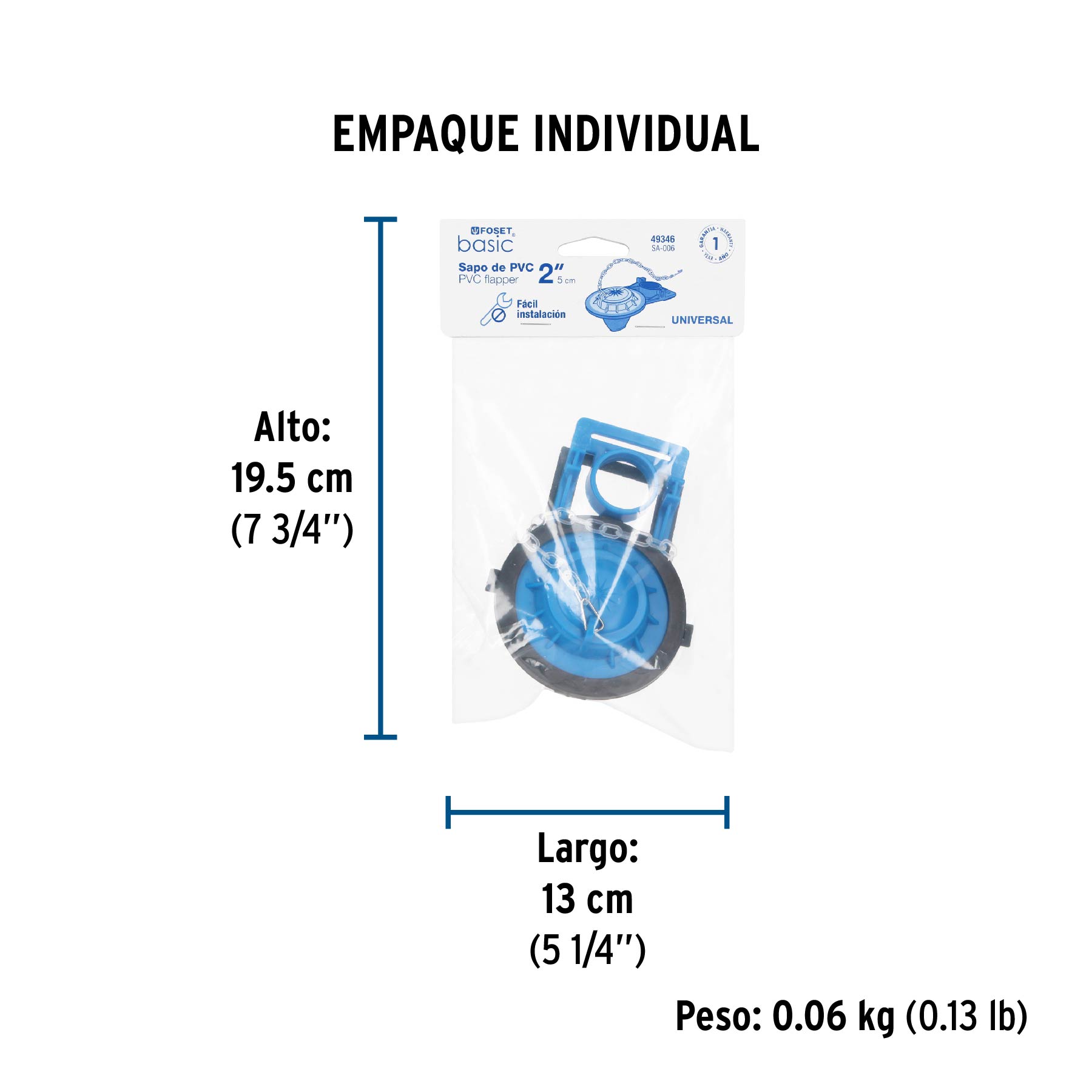 Sapo 2" para WC, PVC azul, cadena plástica, FOSET BASIC - Empaque