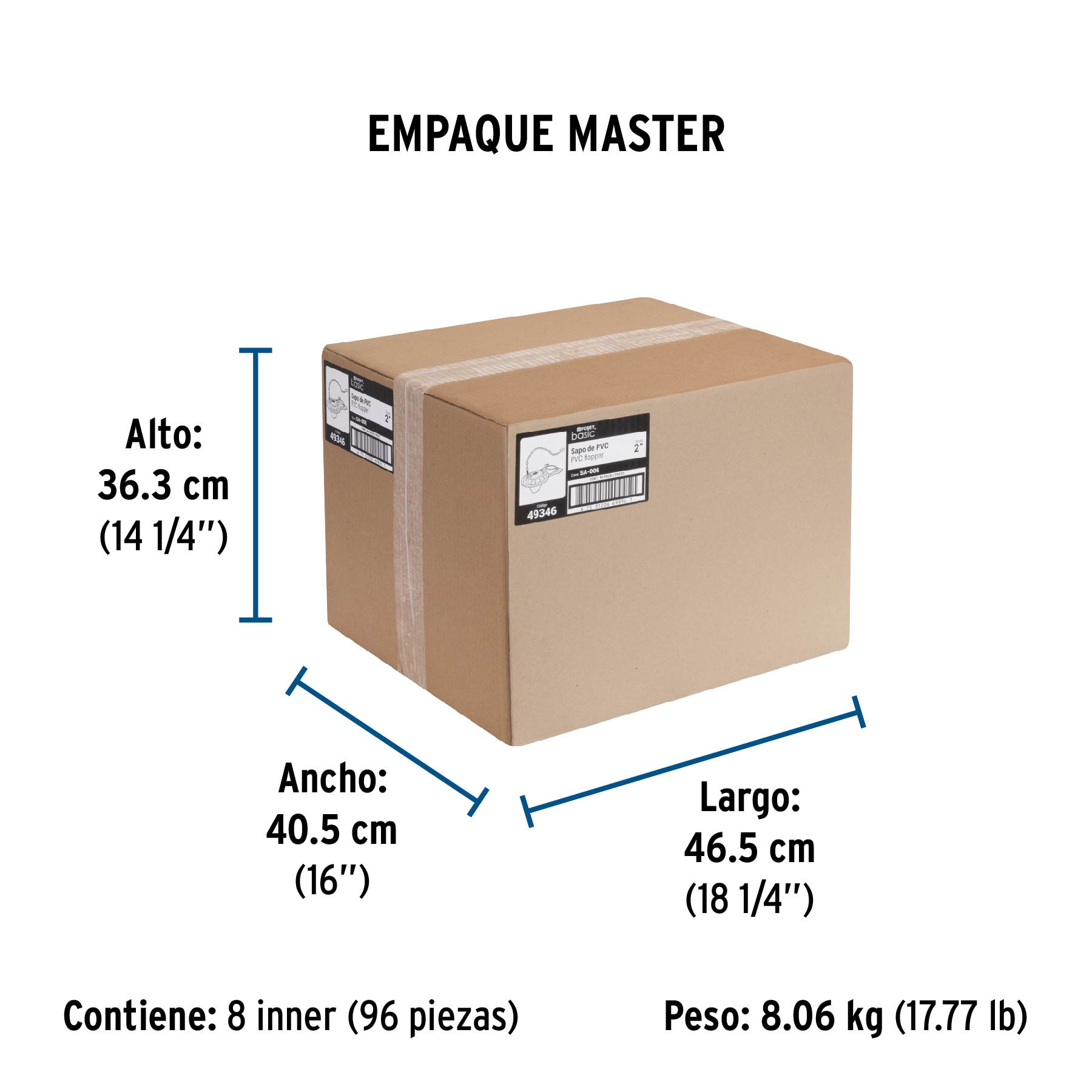 Sapo 2" para WC, PVC azul, cadena plástica, FOSET BASIC - Empaque