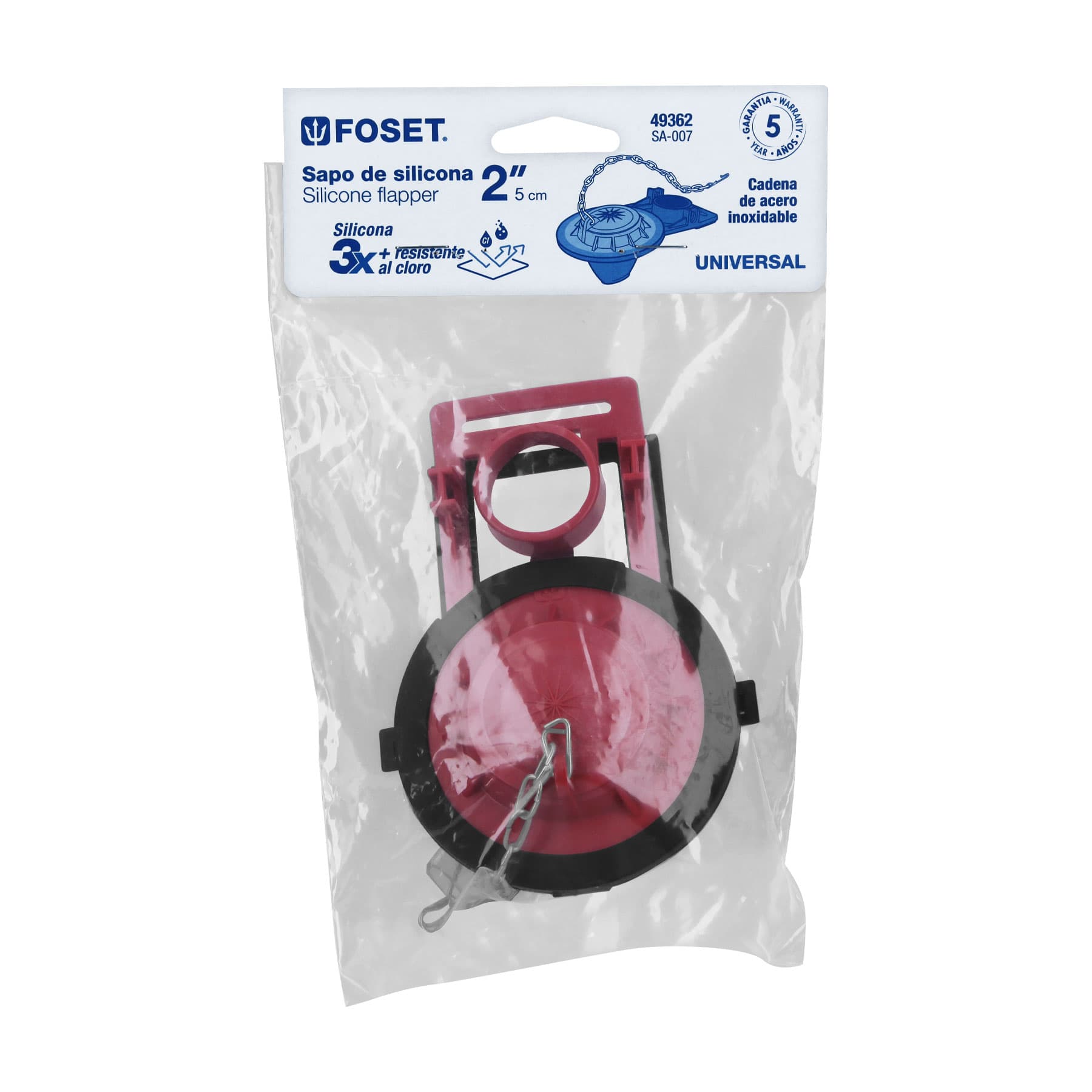 Sapo 2" para WC, silicona roja, cadena inoxidable, FOSET