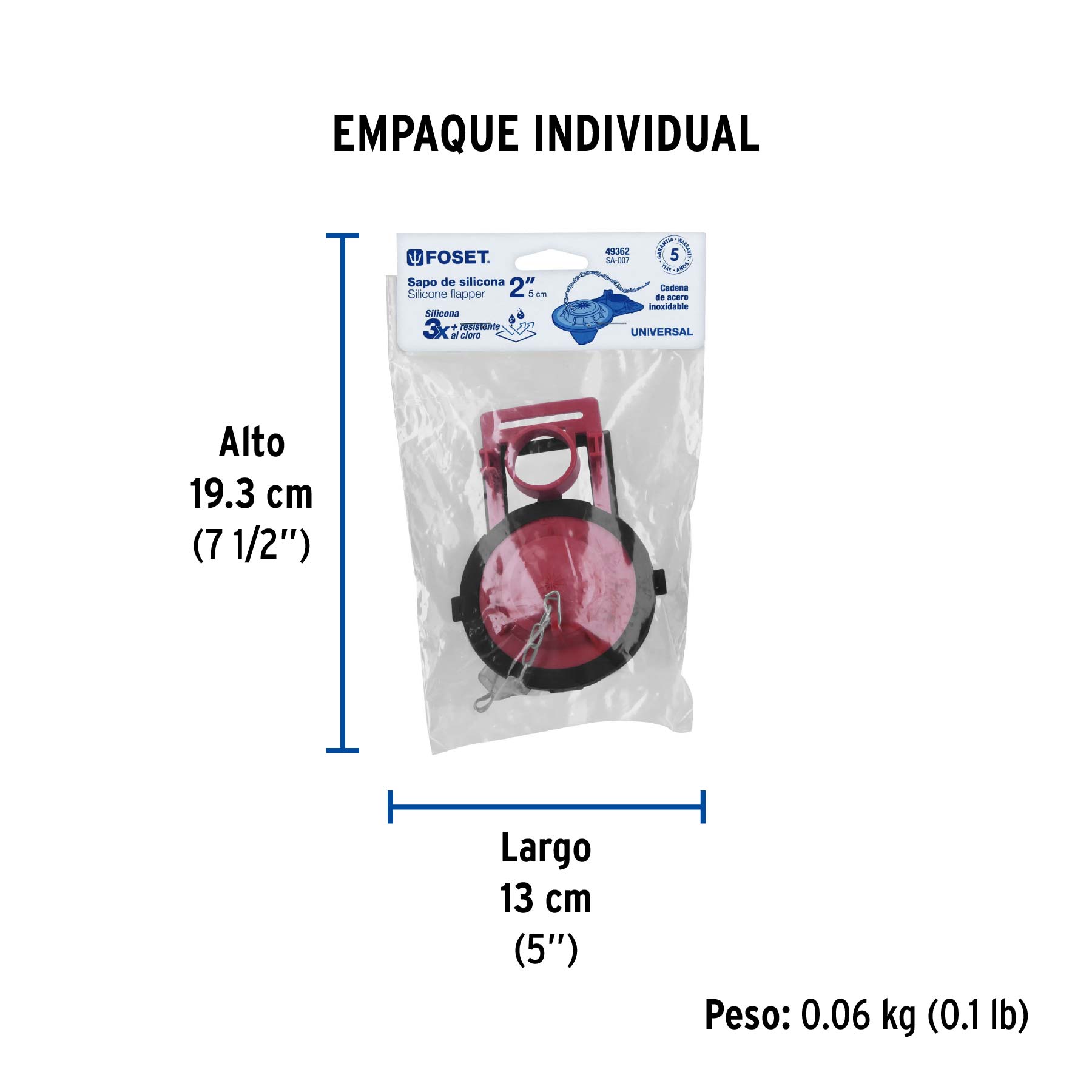 Sapo 2" para WC, silicona roja, cadena inoxidable, FOSET - Empaque
