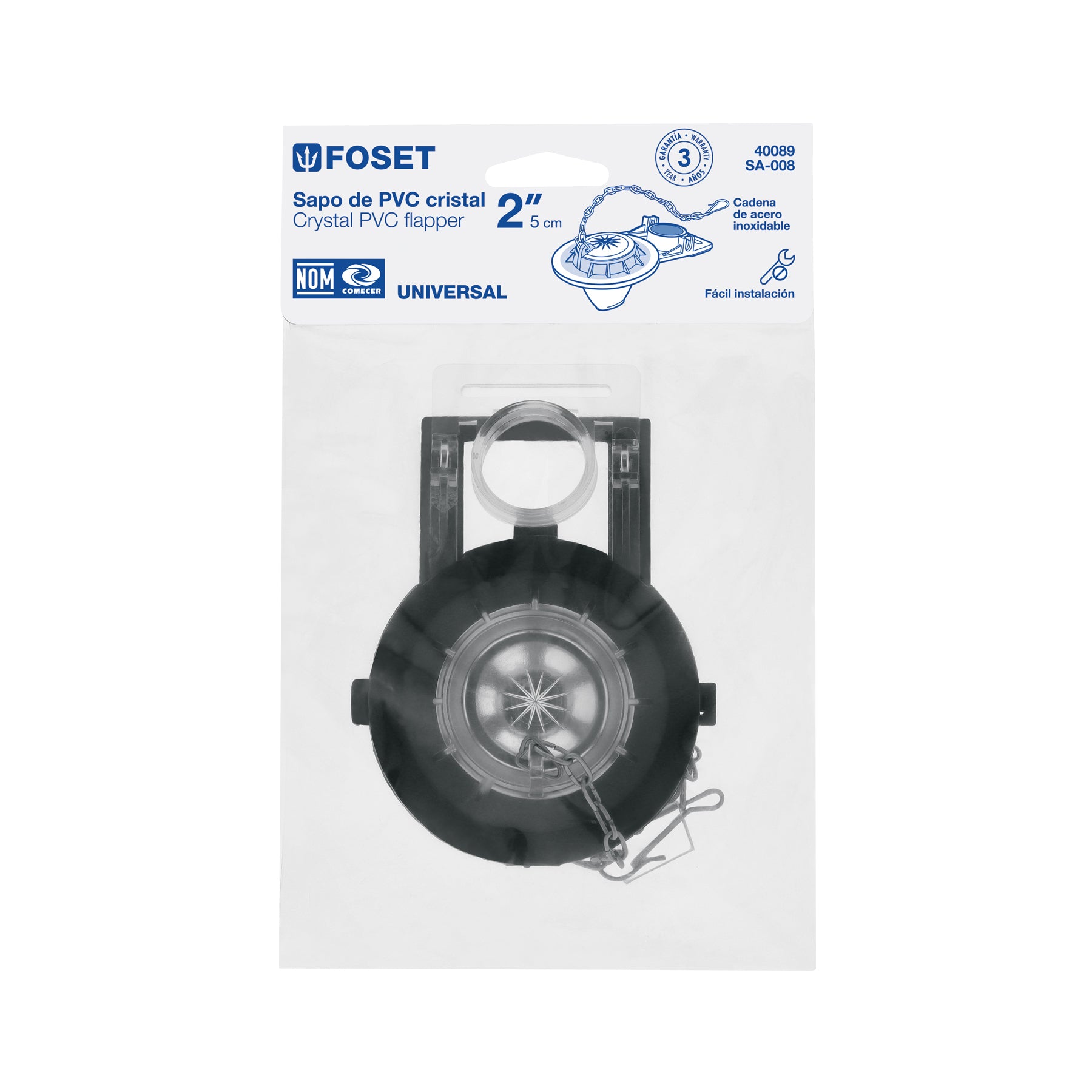 Sapo 2" para WC, PVC transparente, cadena inoxidable, FOSET