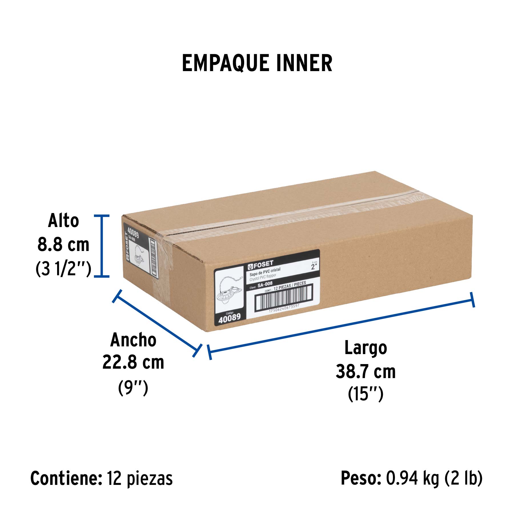 Sapo 2" para WC, PVC transparente, cadena inoxidable, FOSET - Empaque