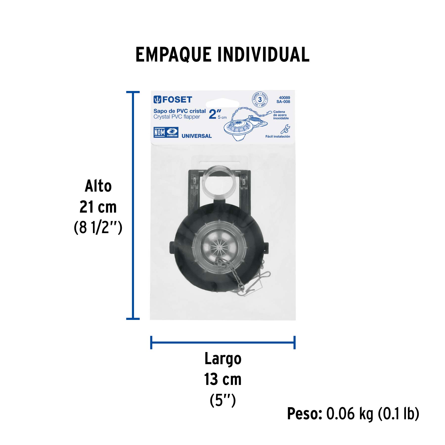Sapo 2" para WC, PVC transparente, cadena inoxidable, FOSET - Empaque