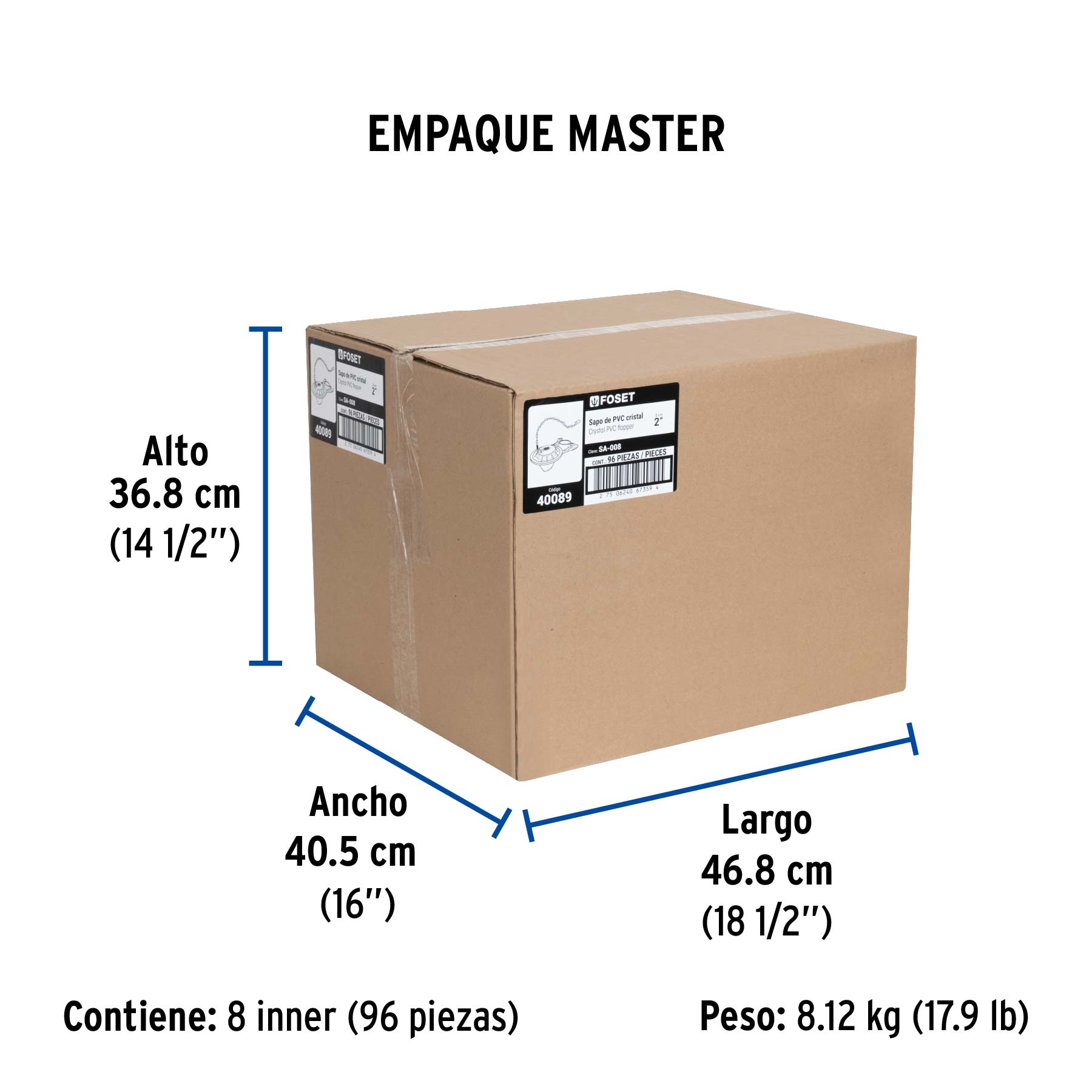 Sapo 2" para WC, PVC transparente, cadena inoxidable, FOSET - Empaque