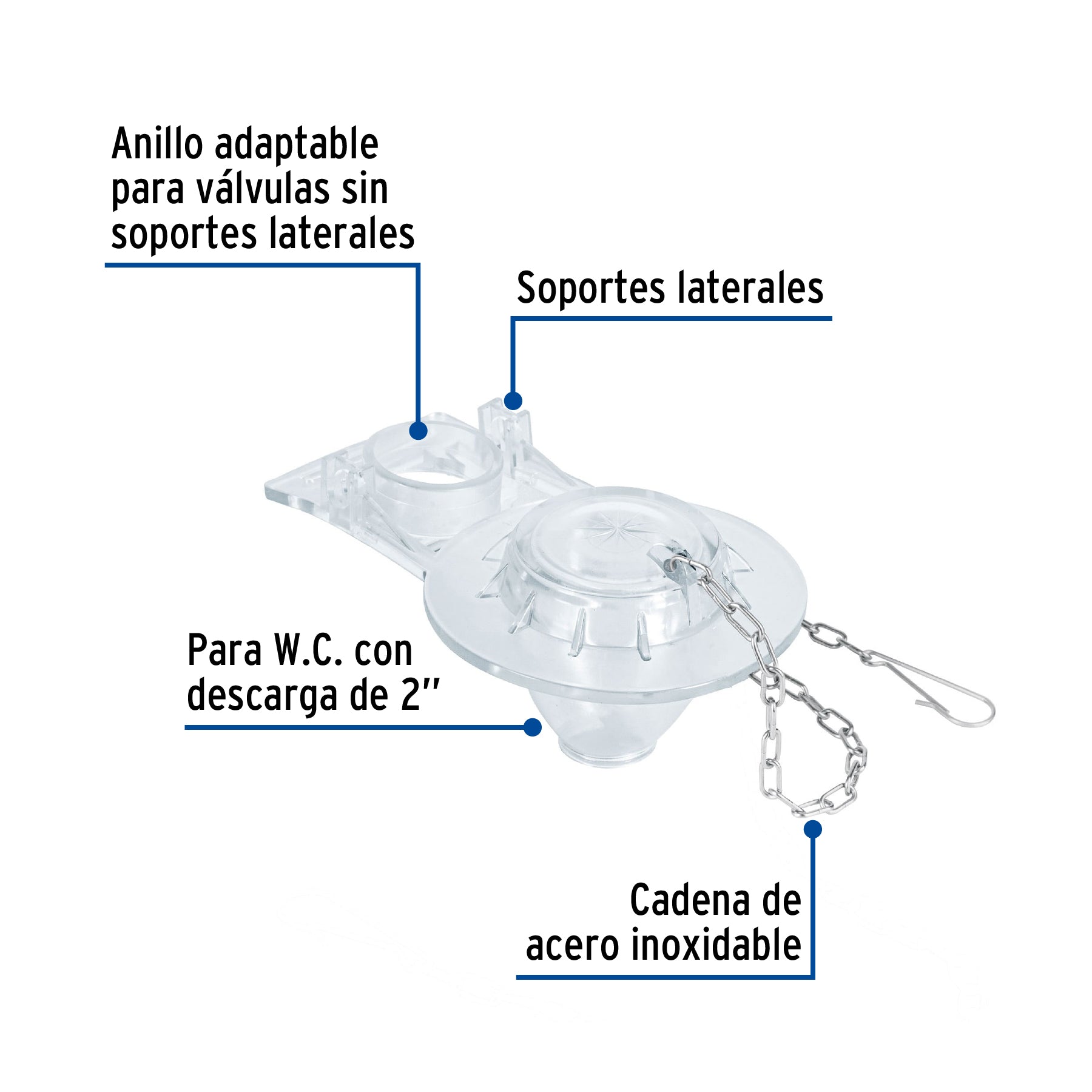 Sapo 2" para WC, PVC transparente, cadena inoxidable, FOSET