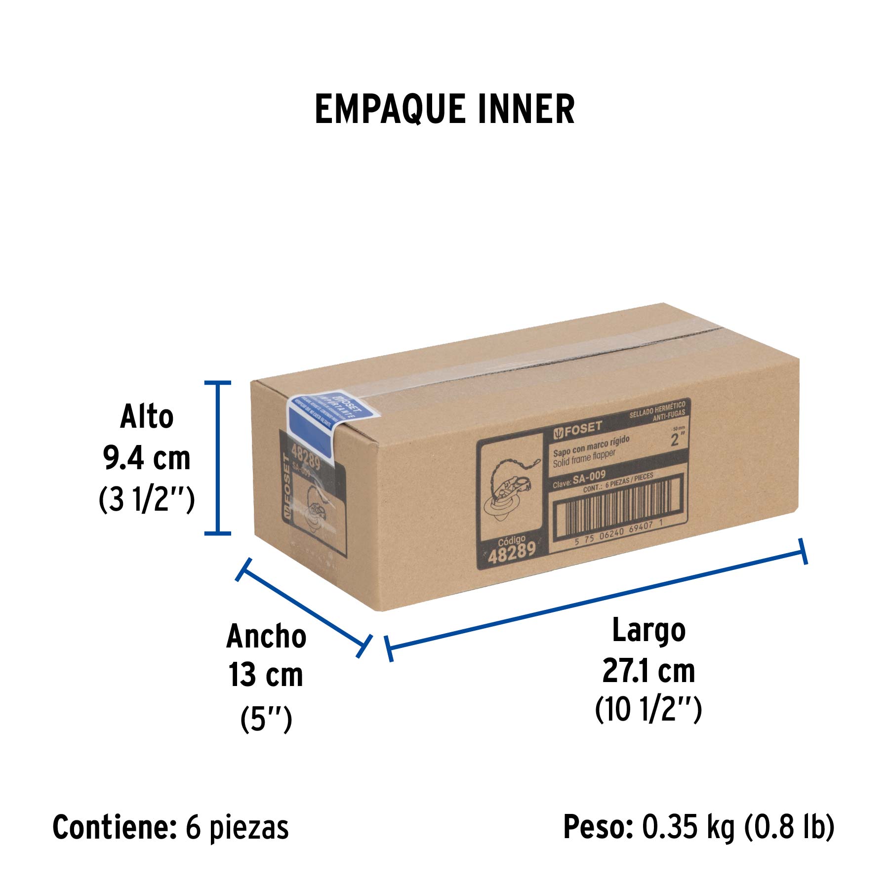 Sapo 2" para WC, silicona rígida, cadena inoxidable, FOSET - Empaque