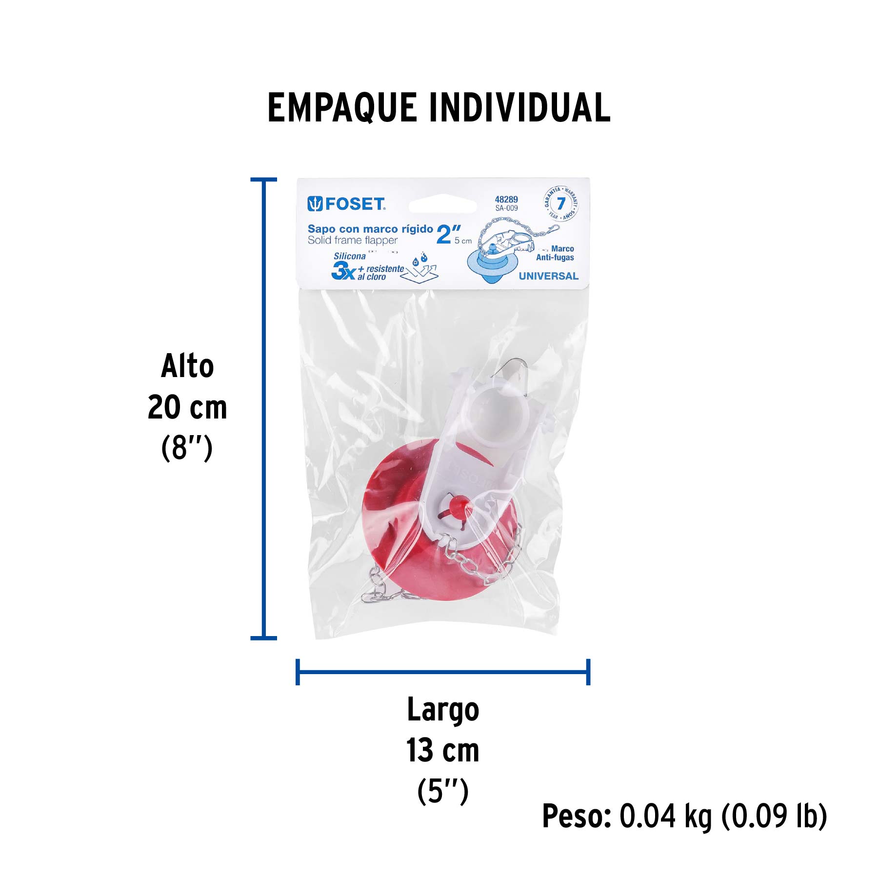 Sapo 2" para WC, silicona rígida, cadena inoxidable, FOSET - Empaque