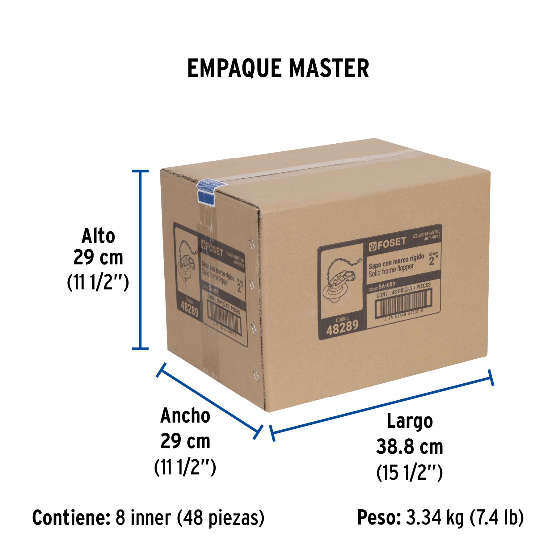 Sapo 2" para WC, silicona rígida, cadena inoxidable, FOSET - Empaque