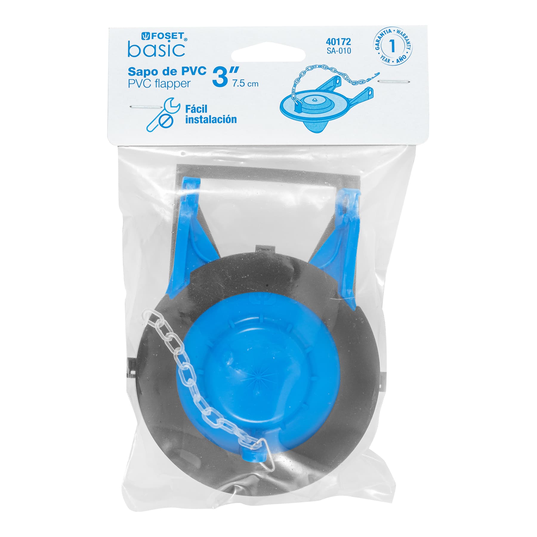 Sapo 3" para WC, PVC azul, cadena plástica, FOSET BASIC