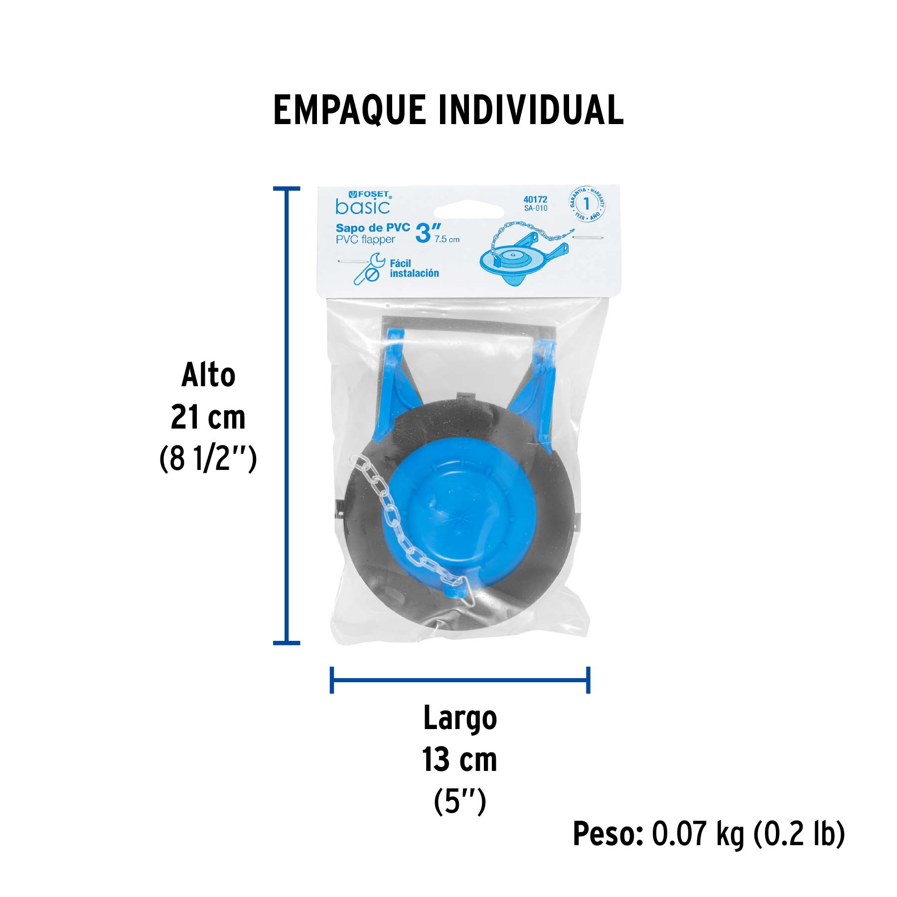 Sapo 3" para WC, PVC azul, cadena plástica, FOSET BASIC - Empaque