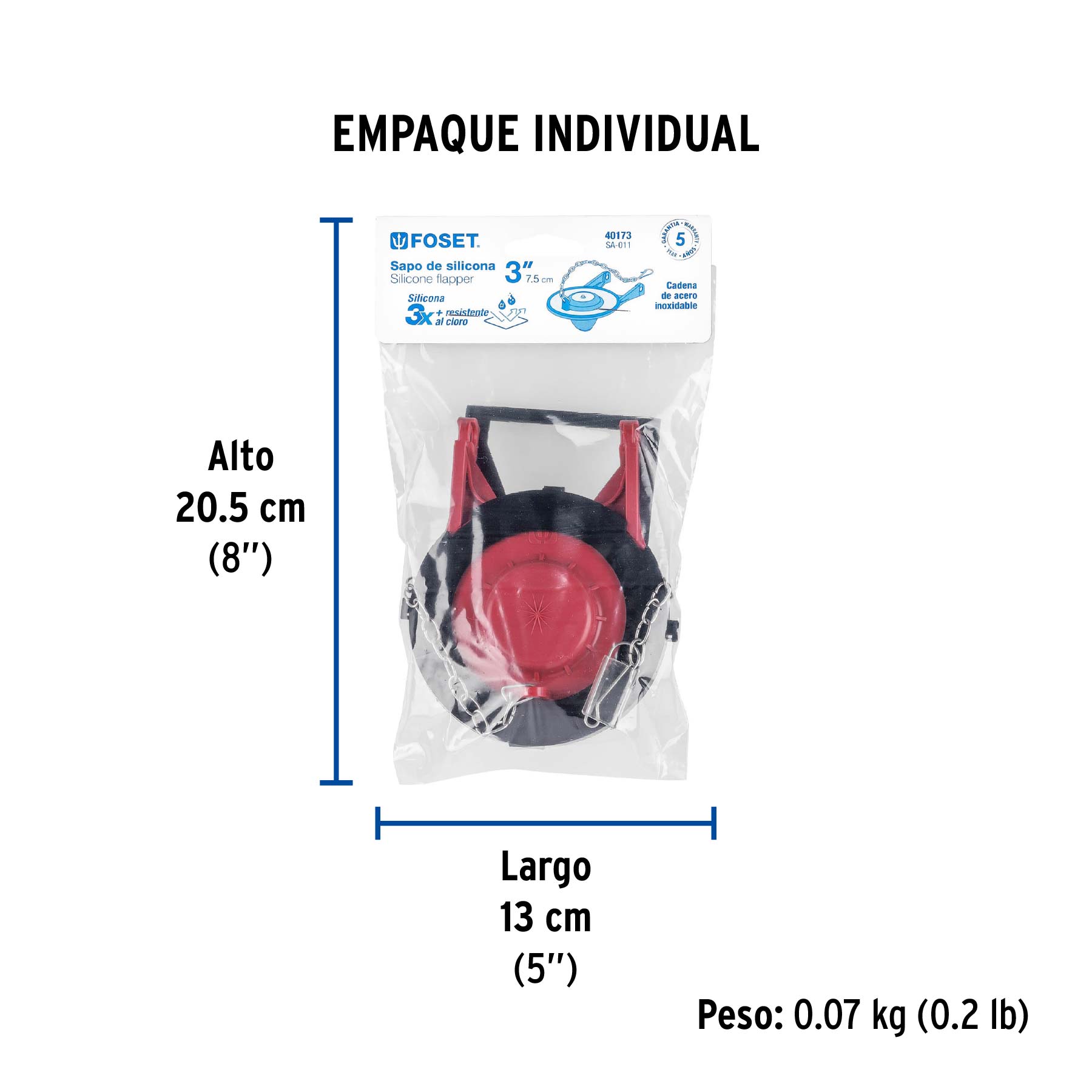 Sapo 3" para WC, silicona roja, cadena inoxidable, FOSET - Empaque