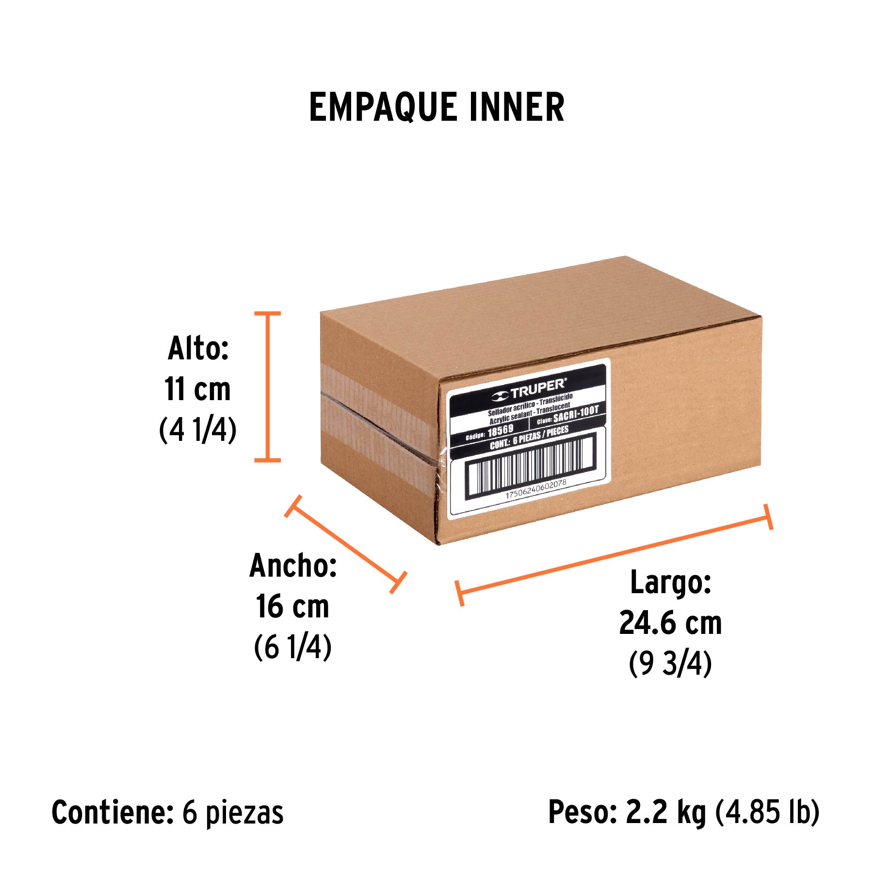 Sellador acrílico de 280 ml, transparente, TRUPER - Empaque