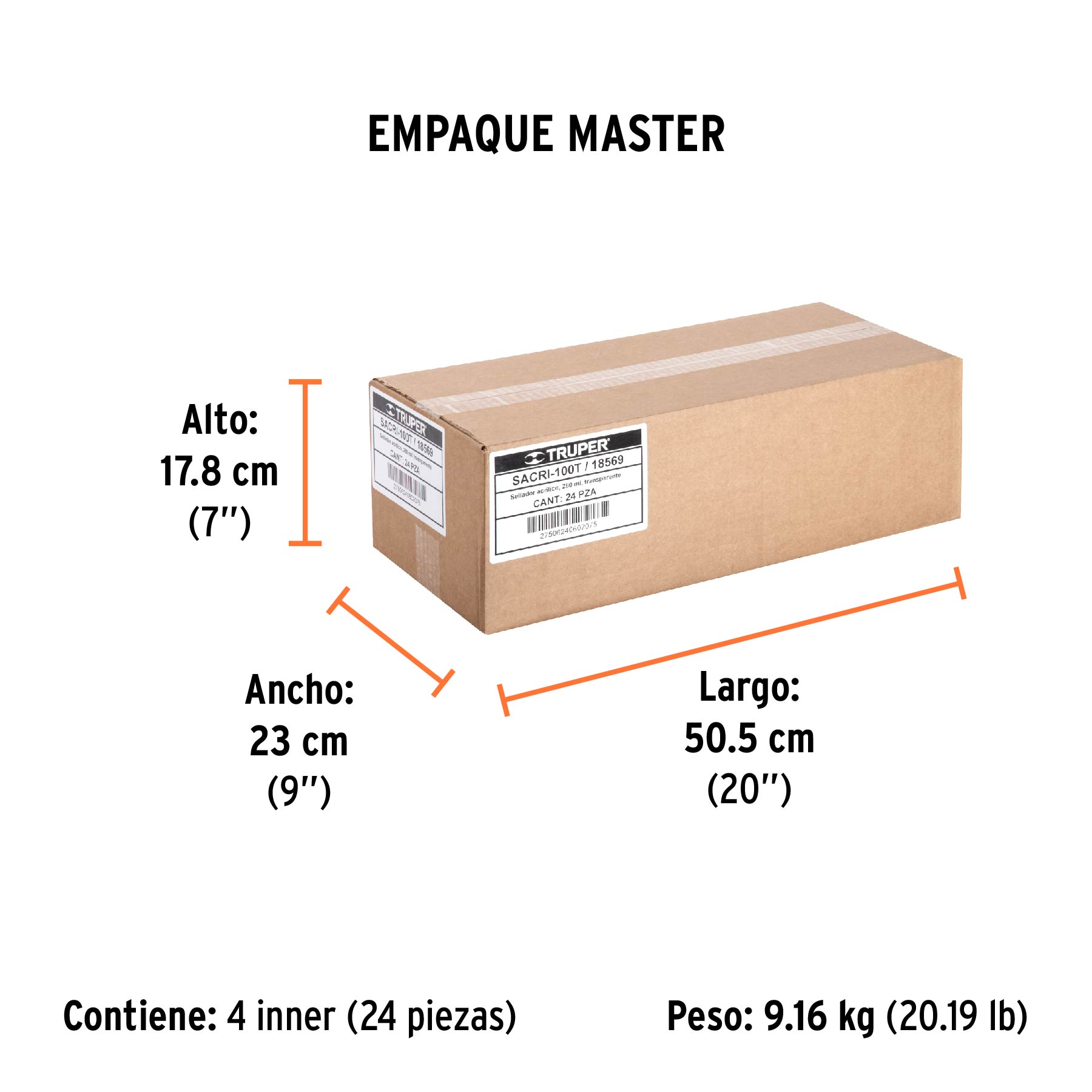 Sellador acrílico de 280 ml, transparente, TRUPER - Empaque
