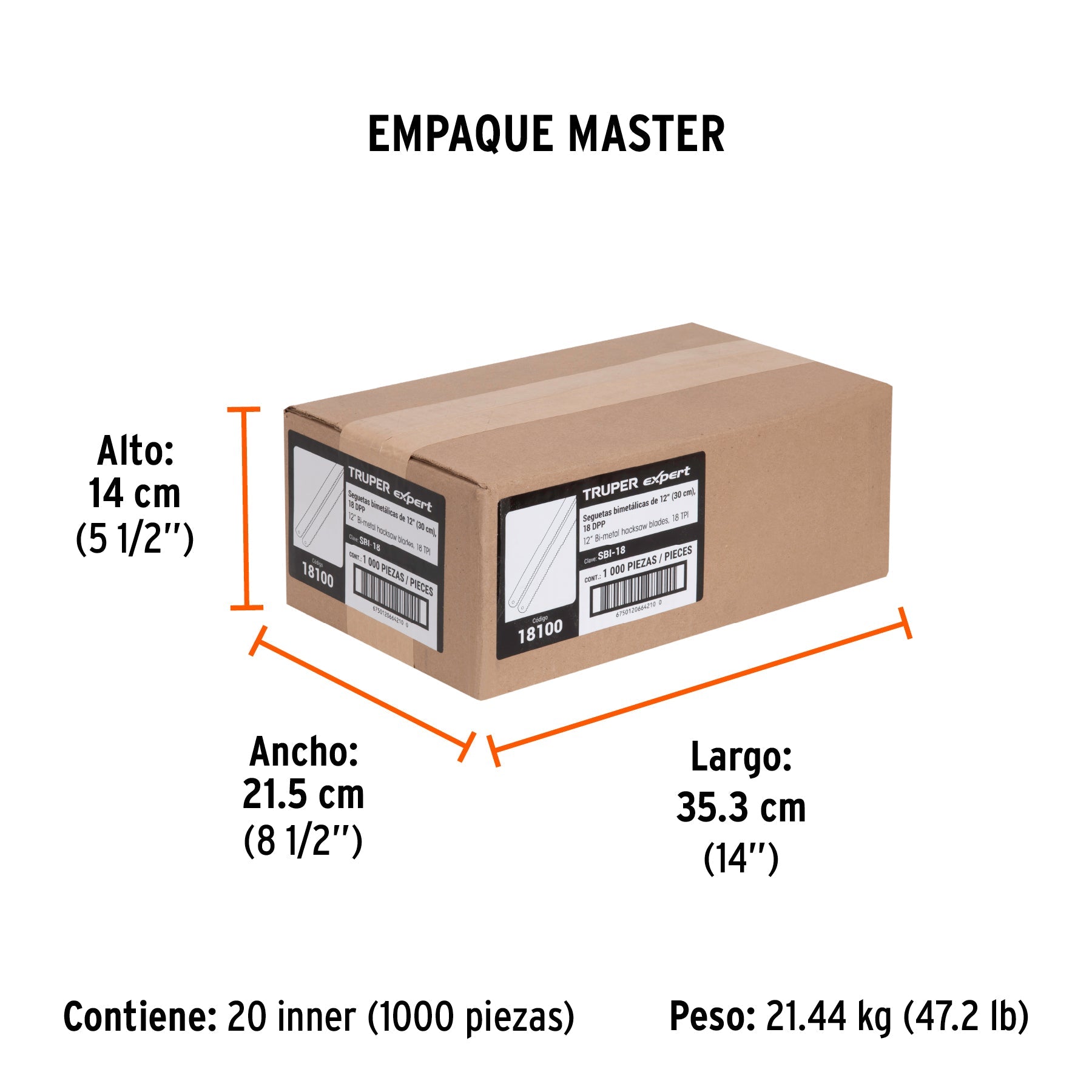 Segueta bimetálica de 12", 18 DPP, TRUPER EXPERT - Empaque
