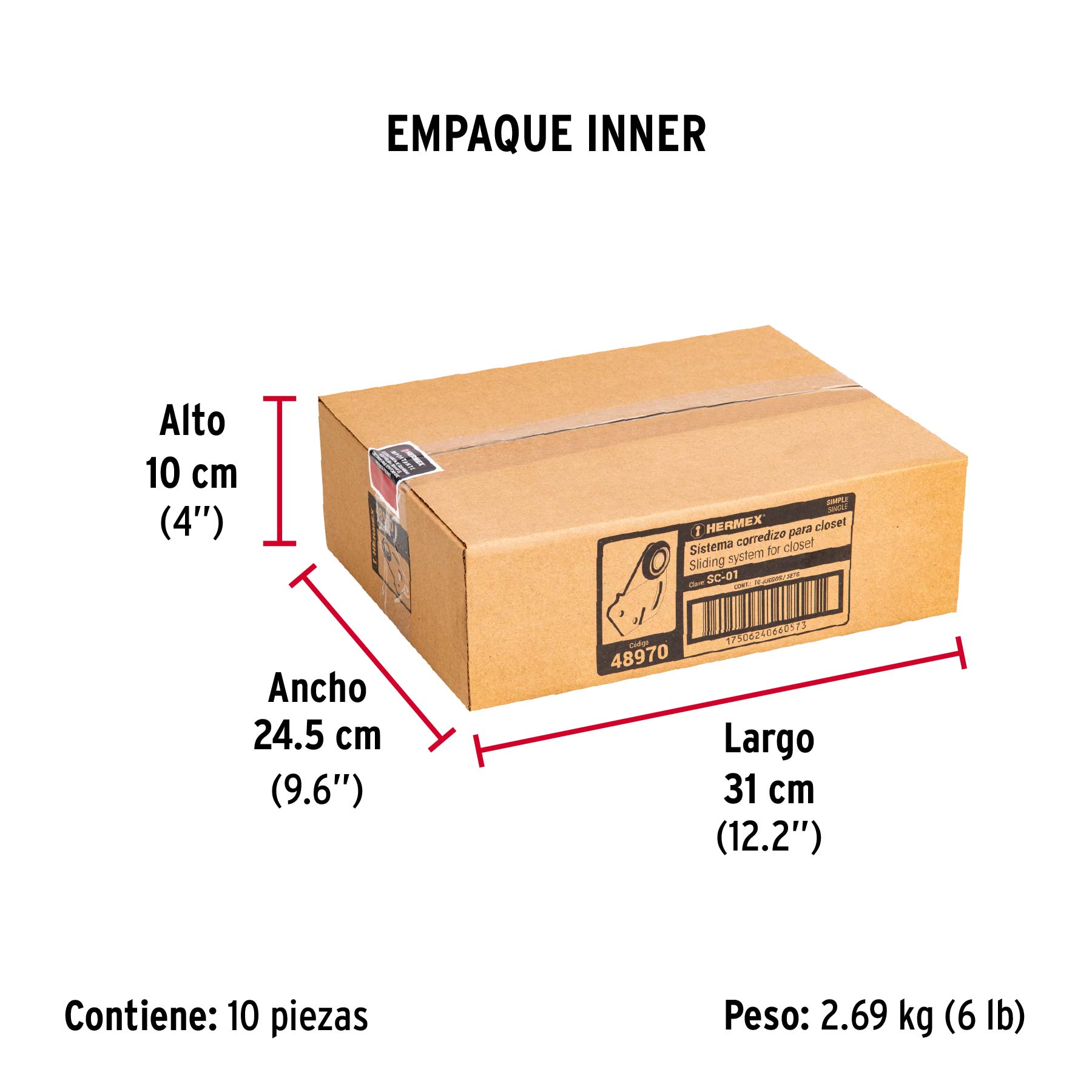 Sistema corredizo para riel superior de clóset, HERMEX - Empaque