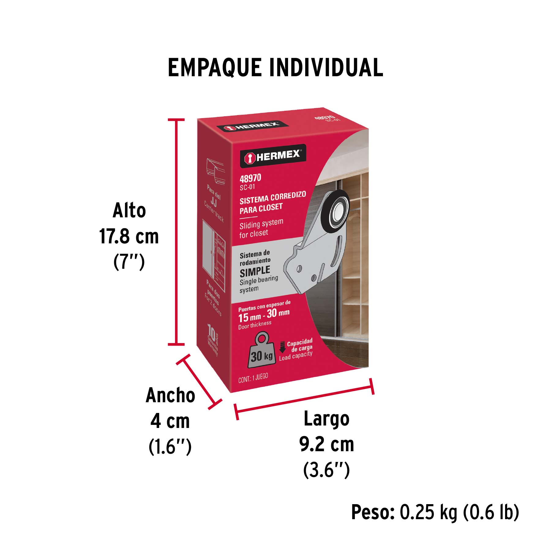 Sistema corredizo para riel superior de clóset, HERMEX - Empaque