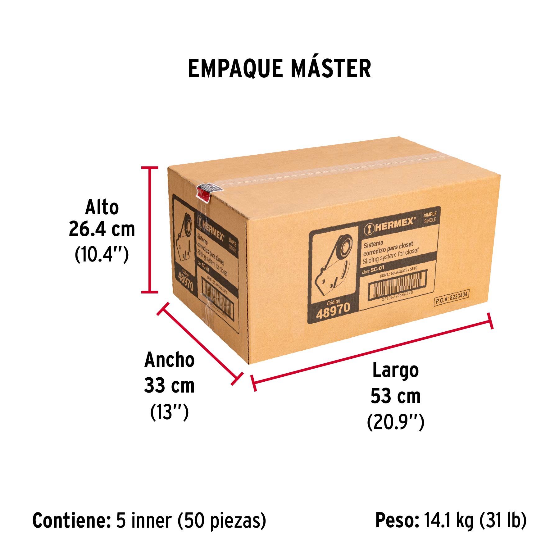 Sistema corredizo para riel superior de clóset, HERMEX - Empaque