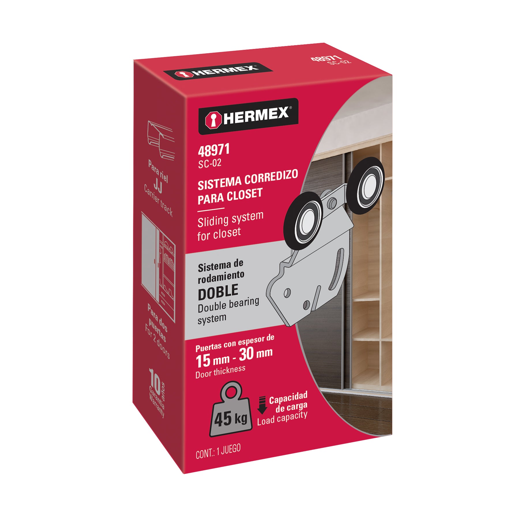 Sistema corredizo doble para riel superior de clóset, HERMEX