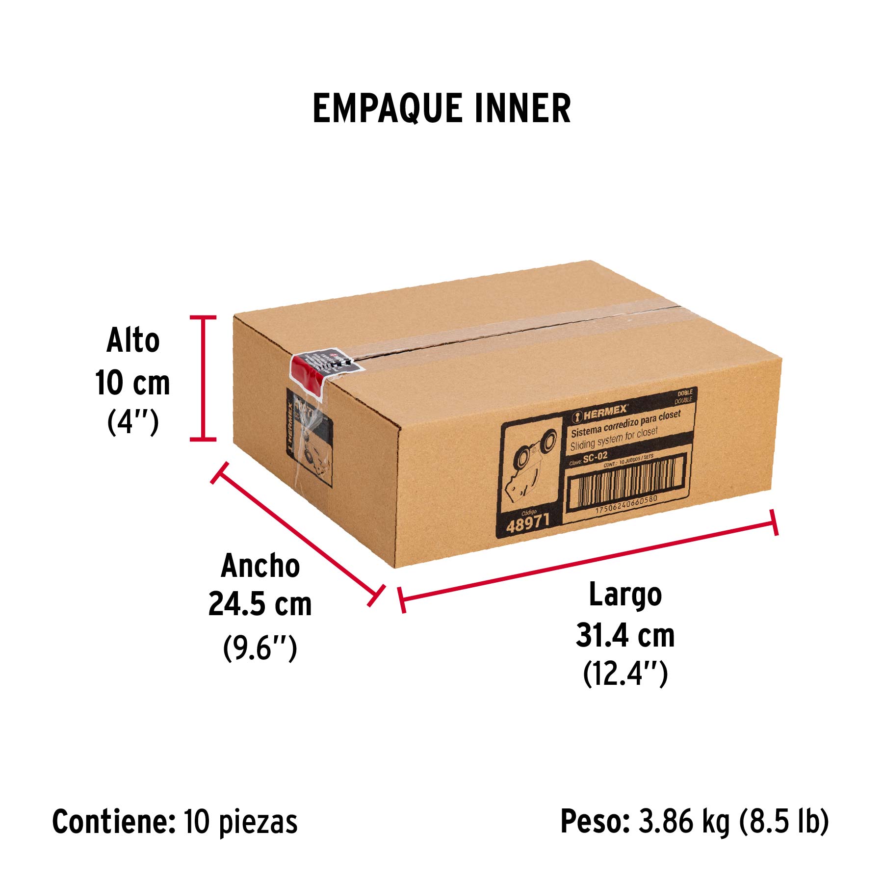 Sistema corredizo doble para riel superior de clóset, HERMEX - Empaque