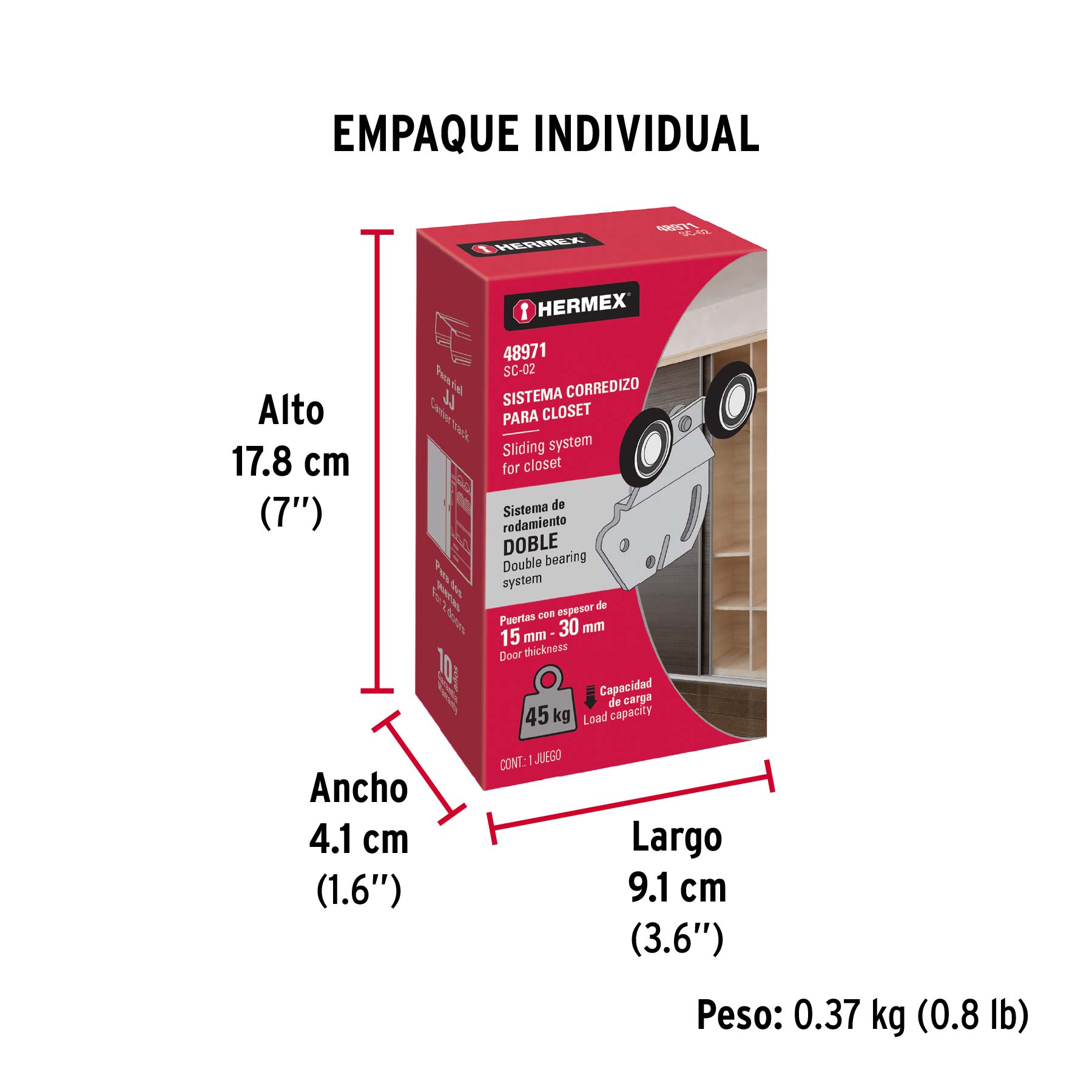 Sistema corredizo doble para riel superior de clóset, HERMEX - Empaque