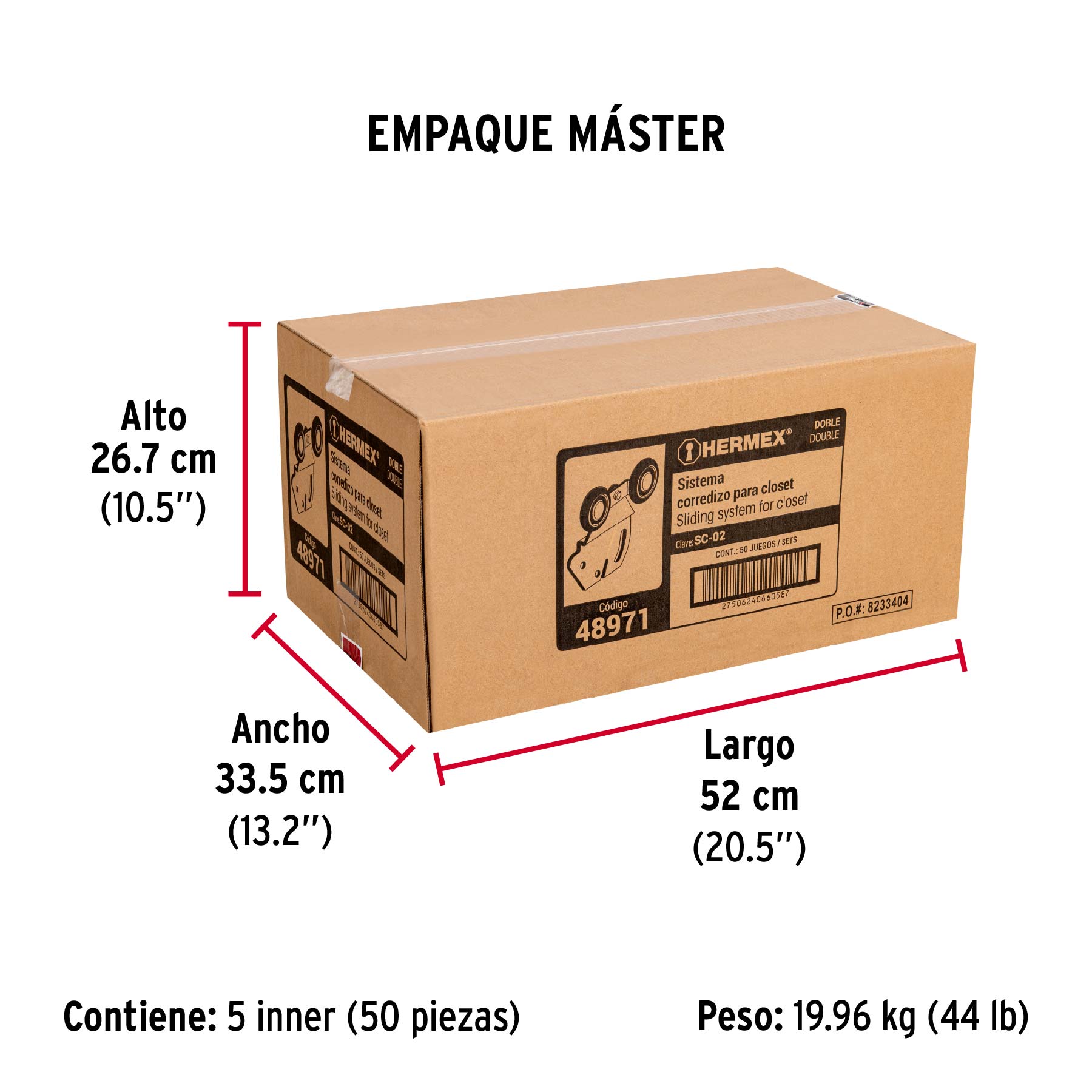 Sistema corredizo doble para riel superior de clóset, HERMEX - Empaque