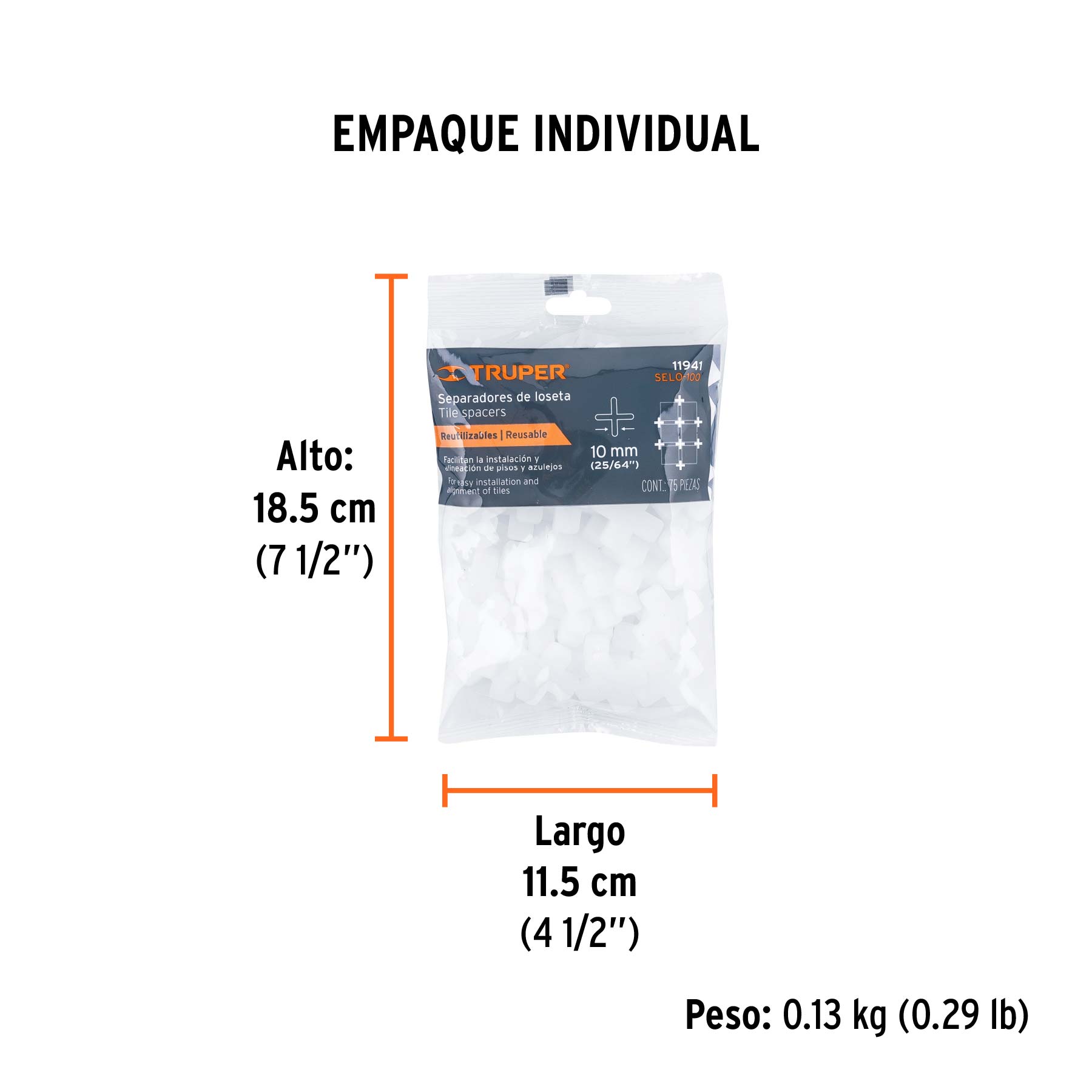 Bolsa con 75 separadores de 10 mm de losetas, TRUPER - Empaque
